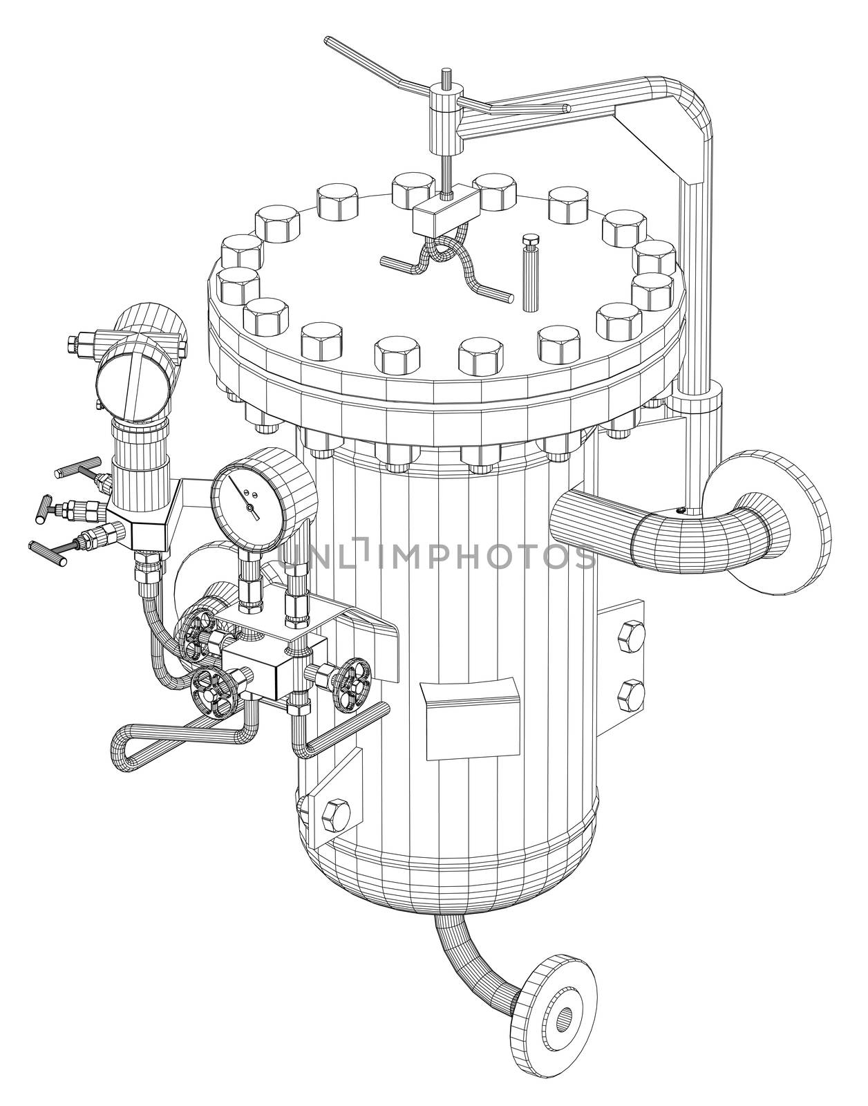 Wire-frame industrial equipment. 3d rendering on white background