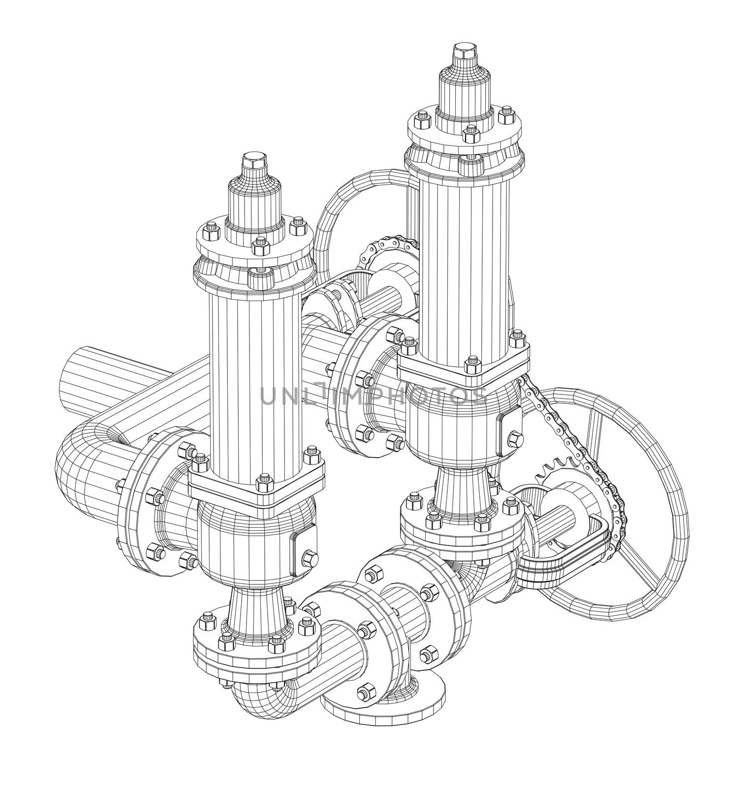 Wire-frame industrial equipment. 3d rendering on white background