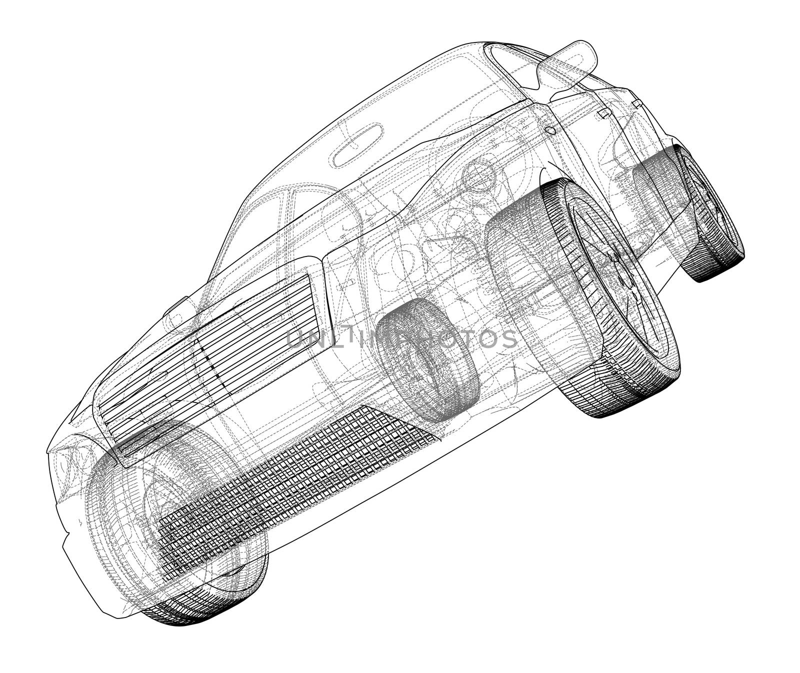 Concept car 3d illustration. Wire-frame or outline style