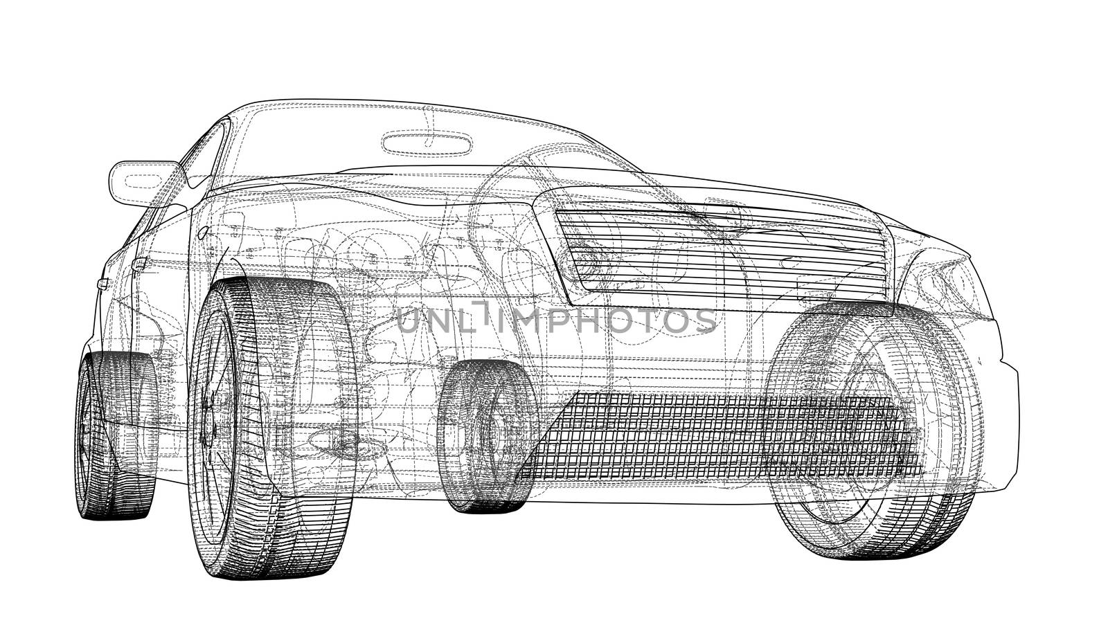 Concept car 3d illustration. Wire-frame or outline style