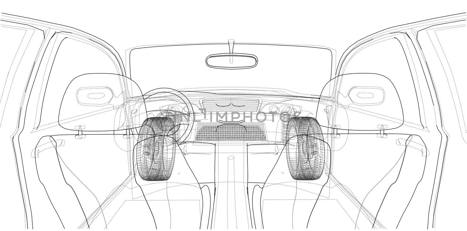 Concept car. 3d rendering. Wire-frame or blueprint style