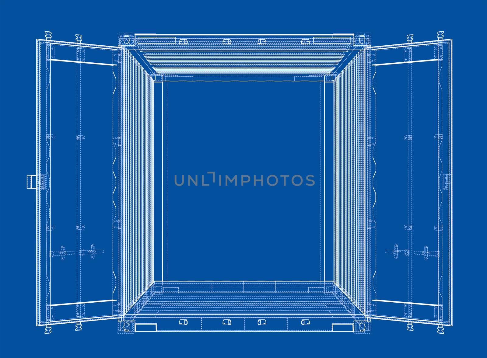 Cargo container. Wire-frame or blueprint style. 3d illustration