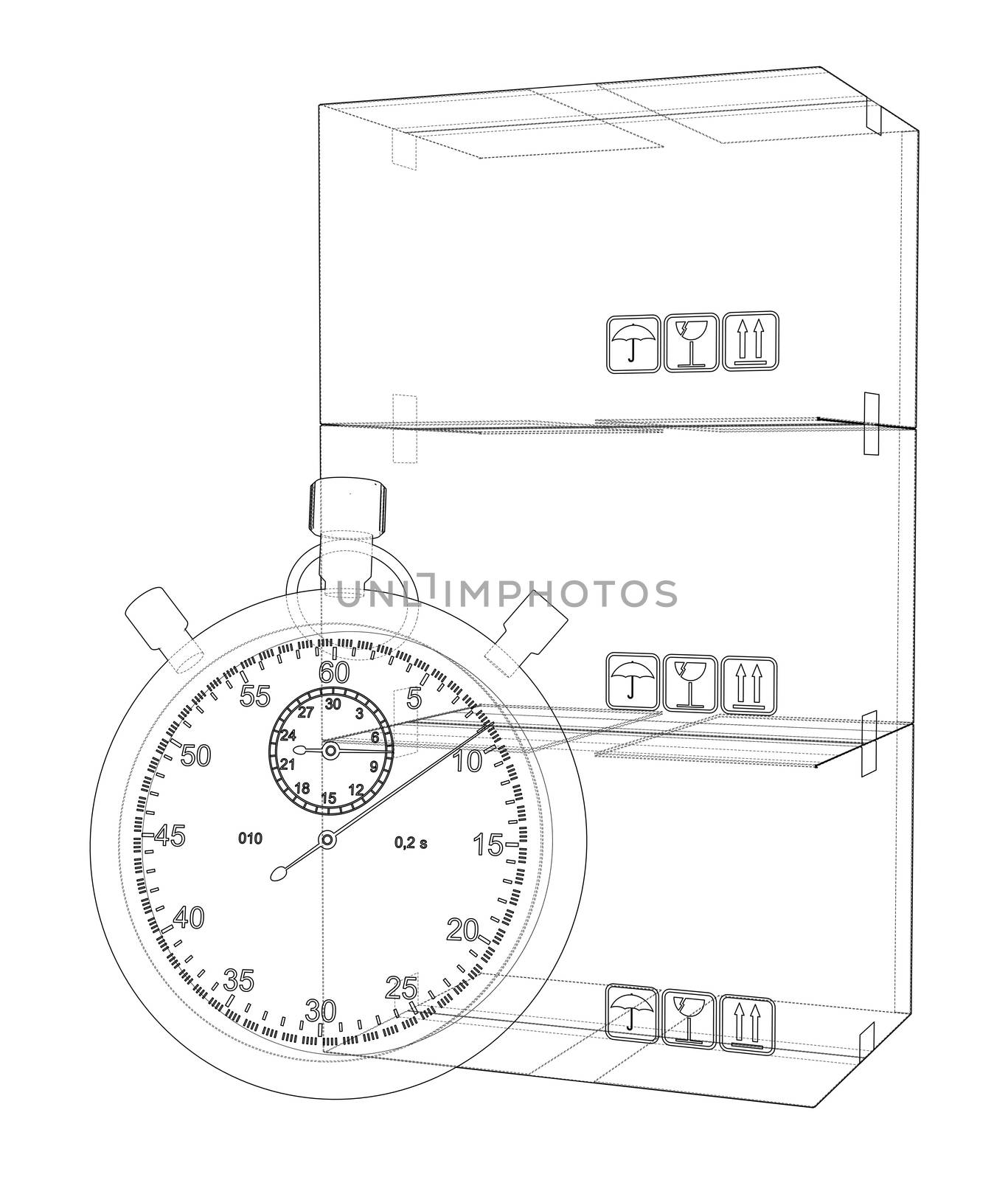 Stopwatch with cardboard box sketch. 3d rendering. Wire-frame style