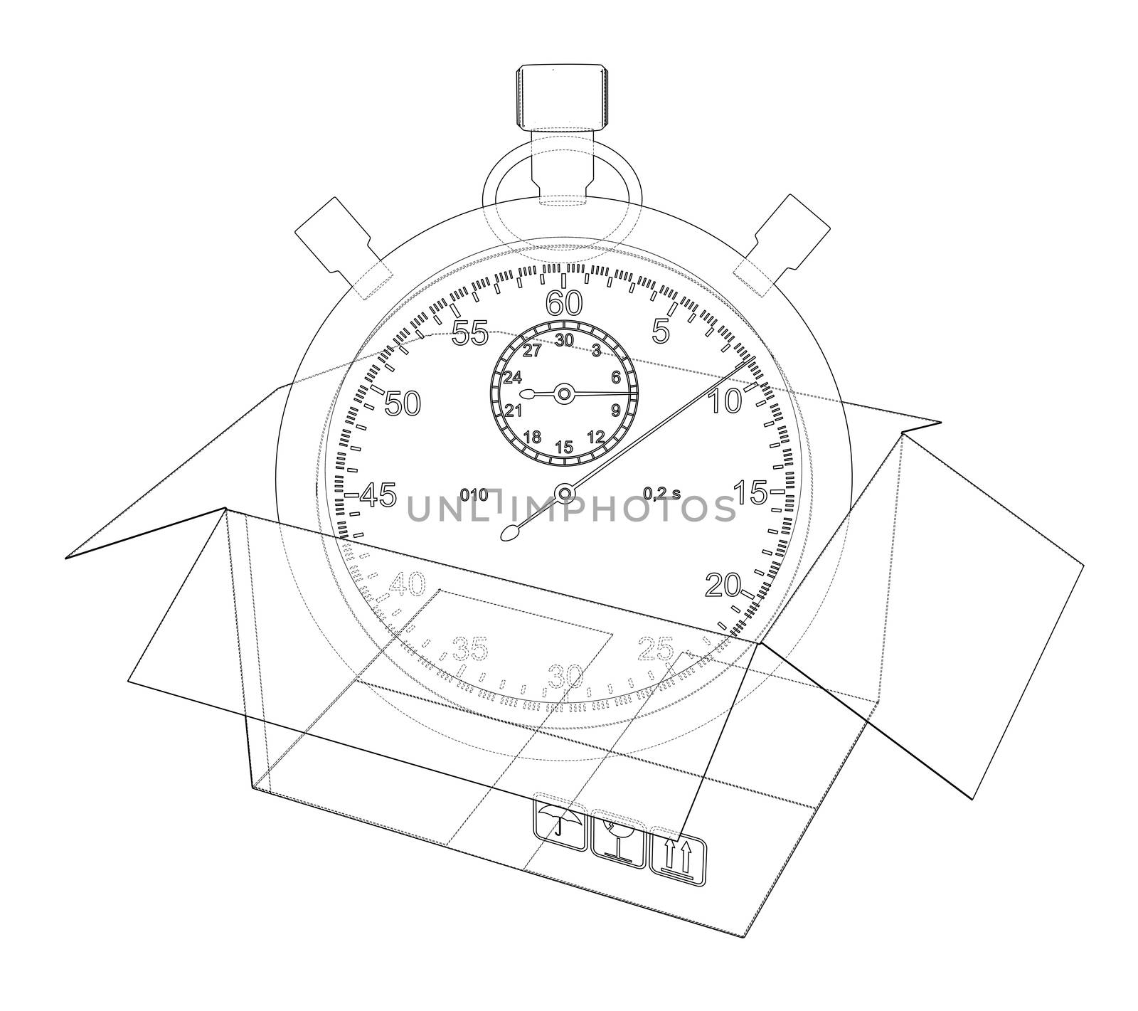 Stopwatch with cardboard box sketch. 3d rendering. Wire-frame style