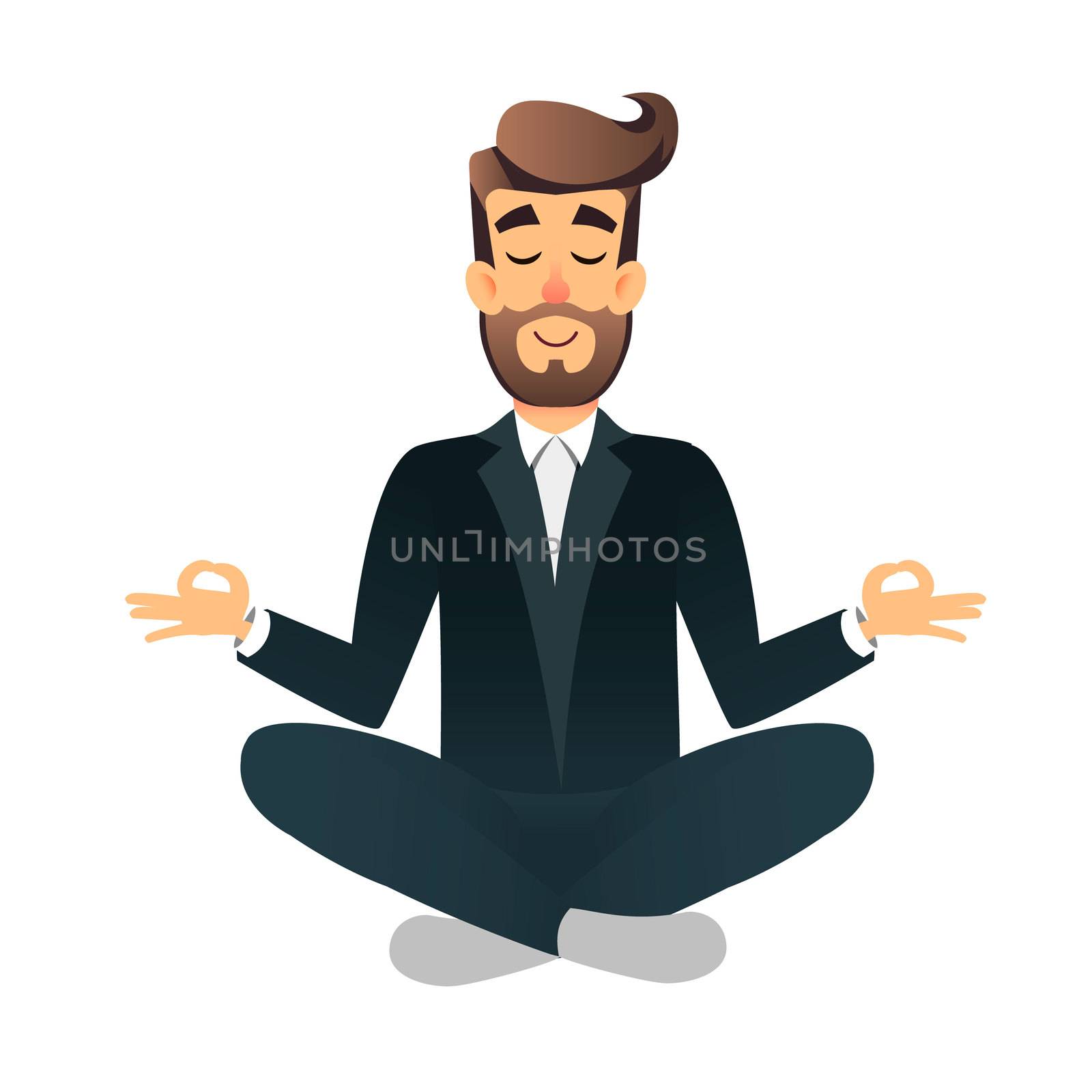 Cartoon flat happy office manager sitting and meditating. Illustration of handsome businessman relaxed calm in lotus pose. Man Yoga - relaxation in the workplace. Relax after a hard work concept by Elena_Garder