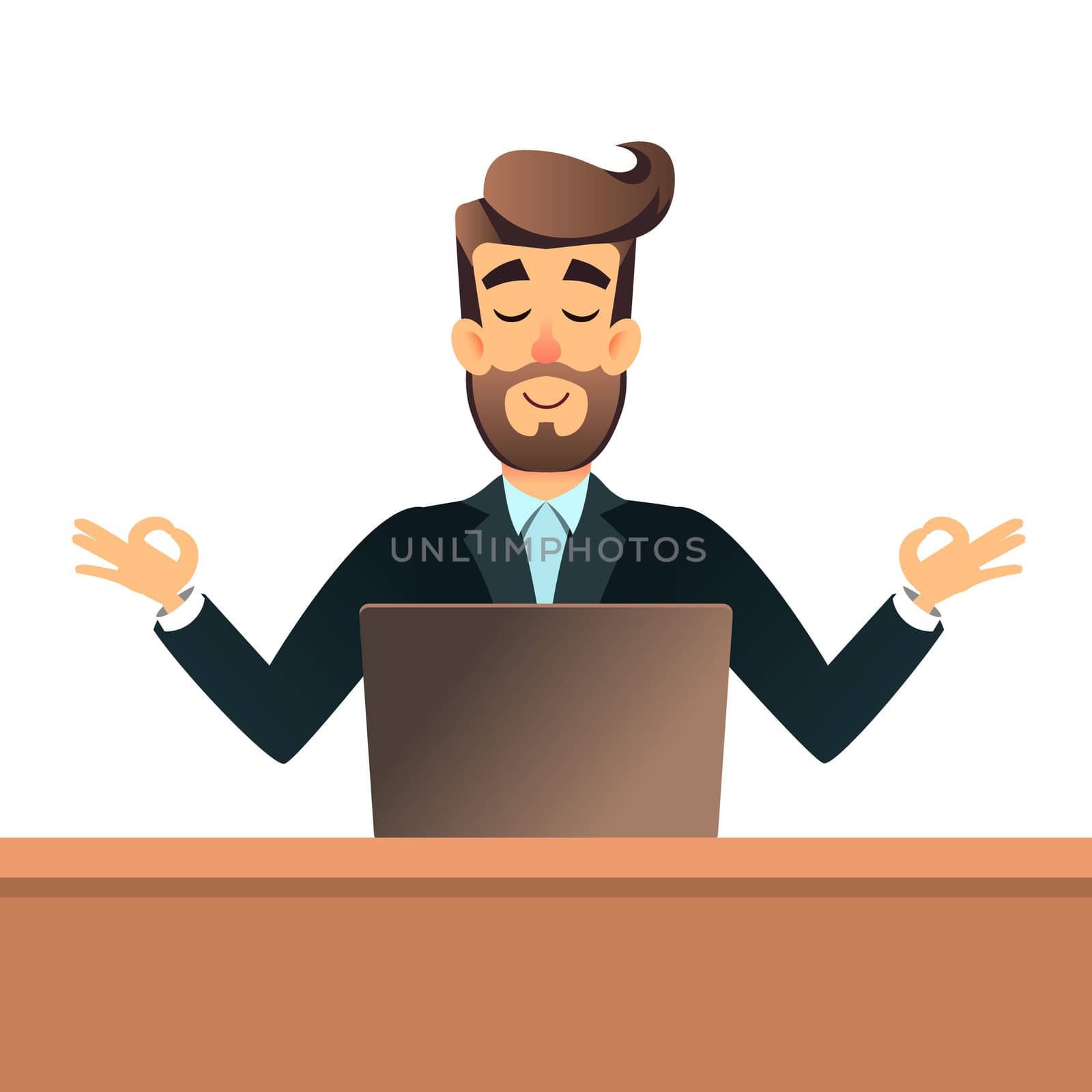 Businessman meditating in lotus pose for table in office with laptop. Business man get calm at workplace. Relax concept. Man rest in yoga asana. Peaceful after a hard work. Male ignoring work, no stress. by Elena_Garder