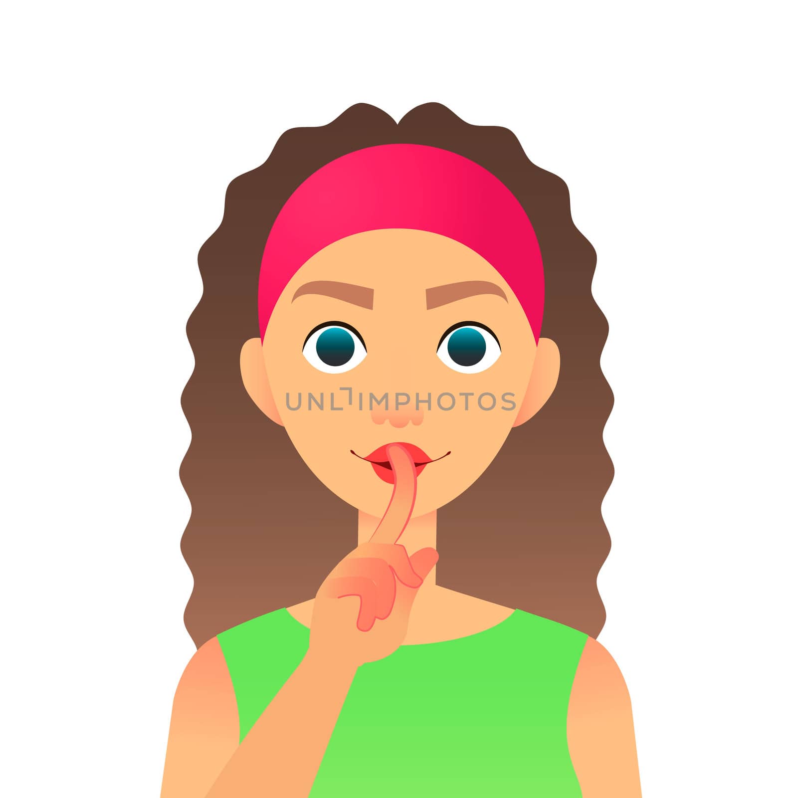Cartoon beautiful woman saying hush be quiet with finger on lips gesture. Flat secret girl. Female silent gesture with finger. Shhh symbol