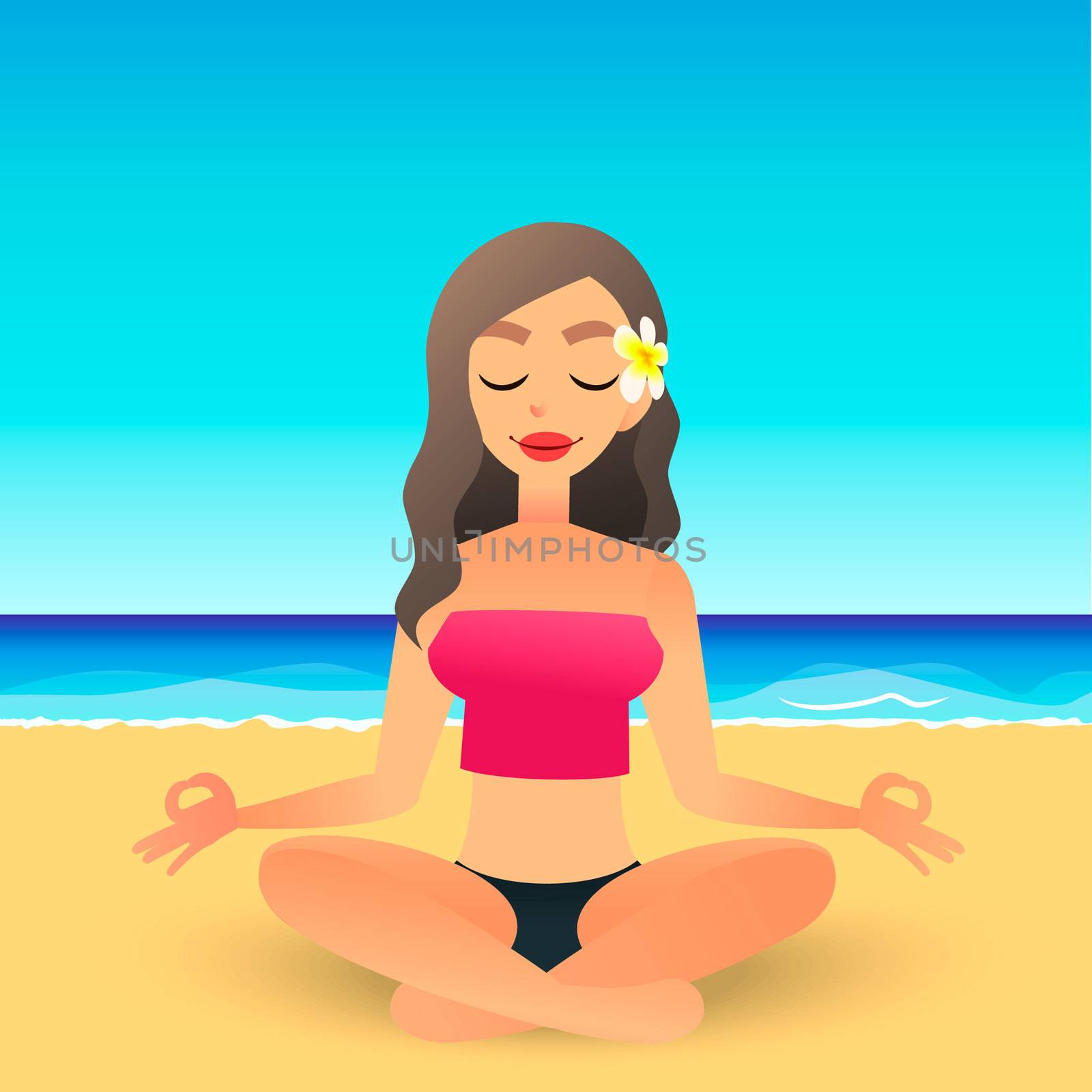Cartoon young beautiful girl on beach practicing yoga. Flat women meditates and relaxes. Physical and spiritual therapy concept. Mind body spirit. Lady in lotus position