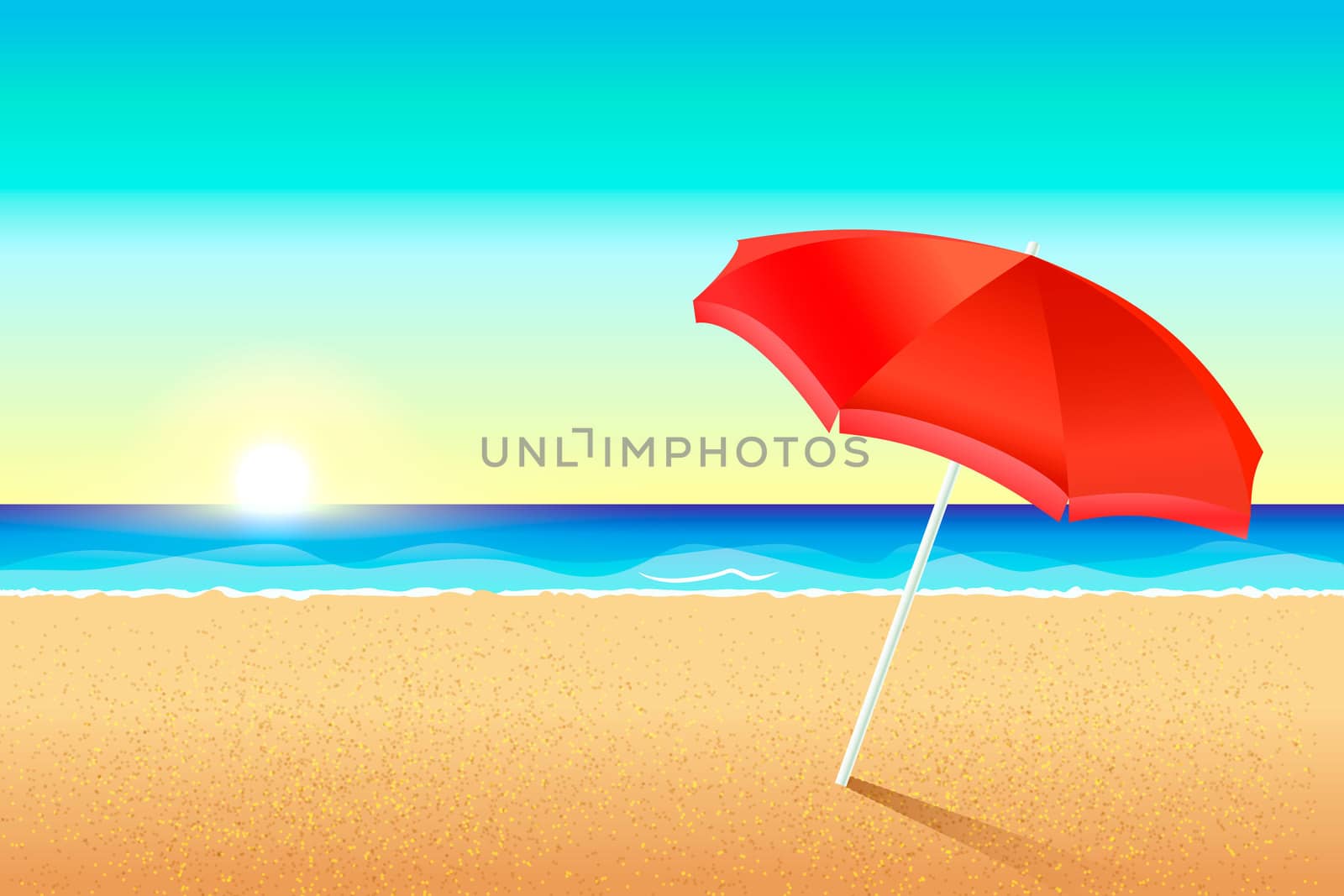 Beautiful beach. Sunset or dawn on the coast of the sea. A red umbrella stands in the sand. The sun sets over the ocean. Background for the flyer, leaflets, invitations to the beach party. Summer backdrop for banner