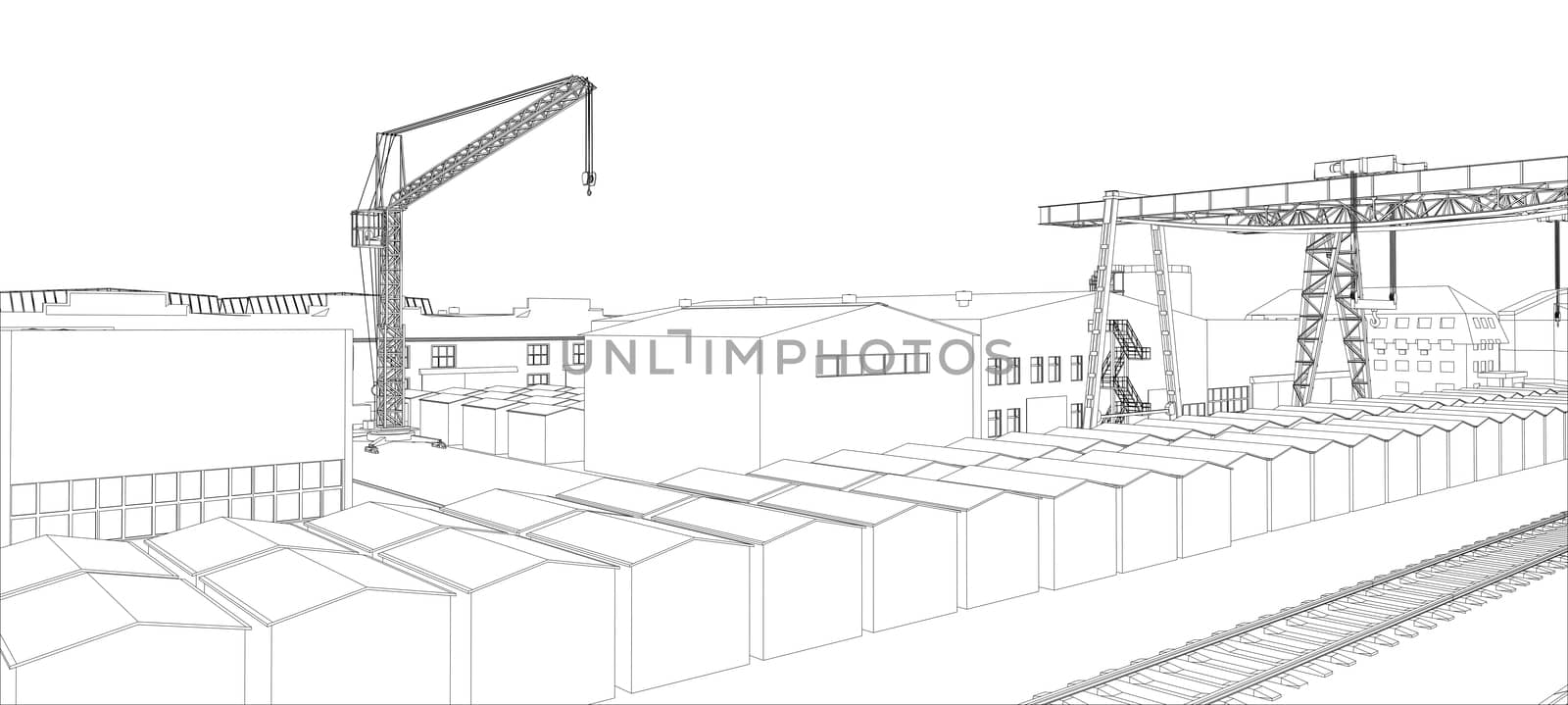 Industrial buildings outline. Wire-frame style. 3d illustration