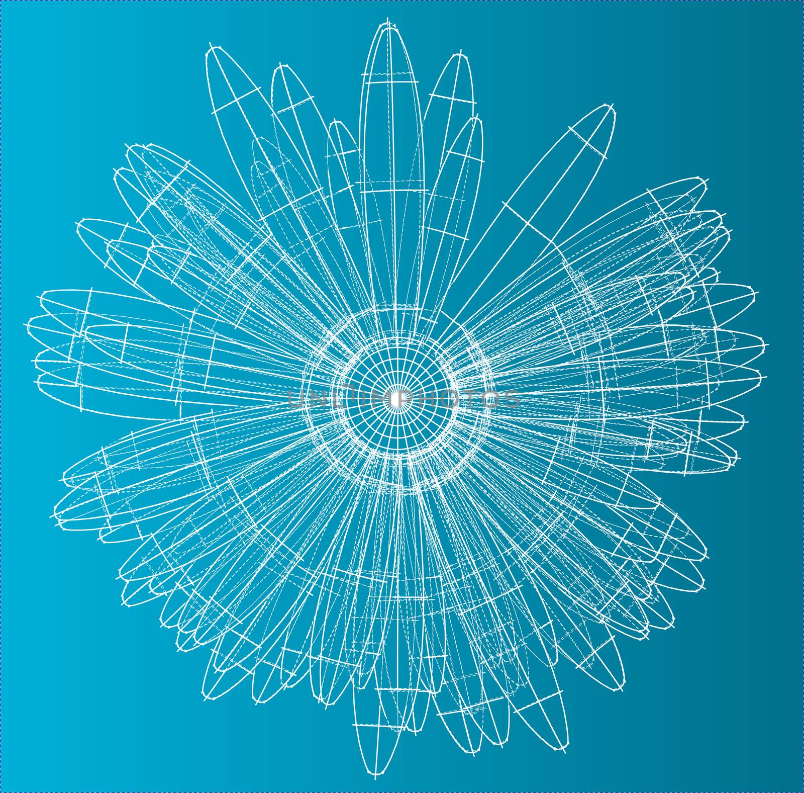 3d illustration of flower. Wire frame style on blue background