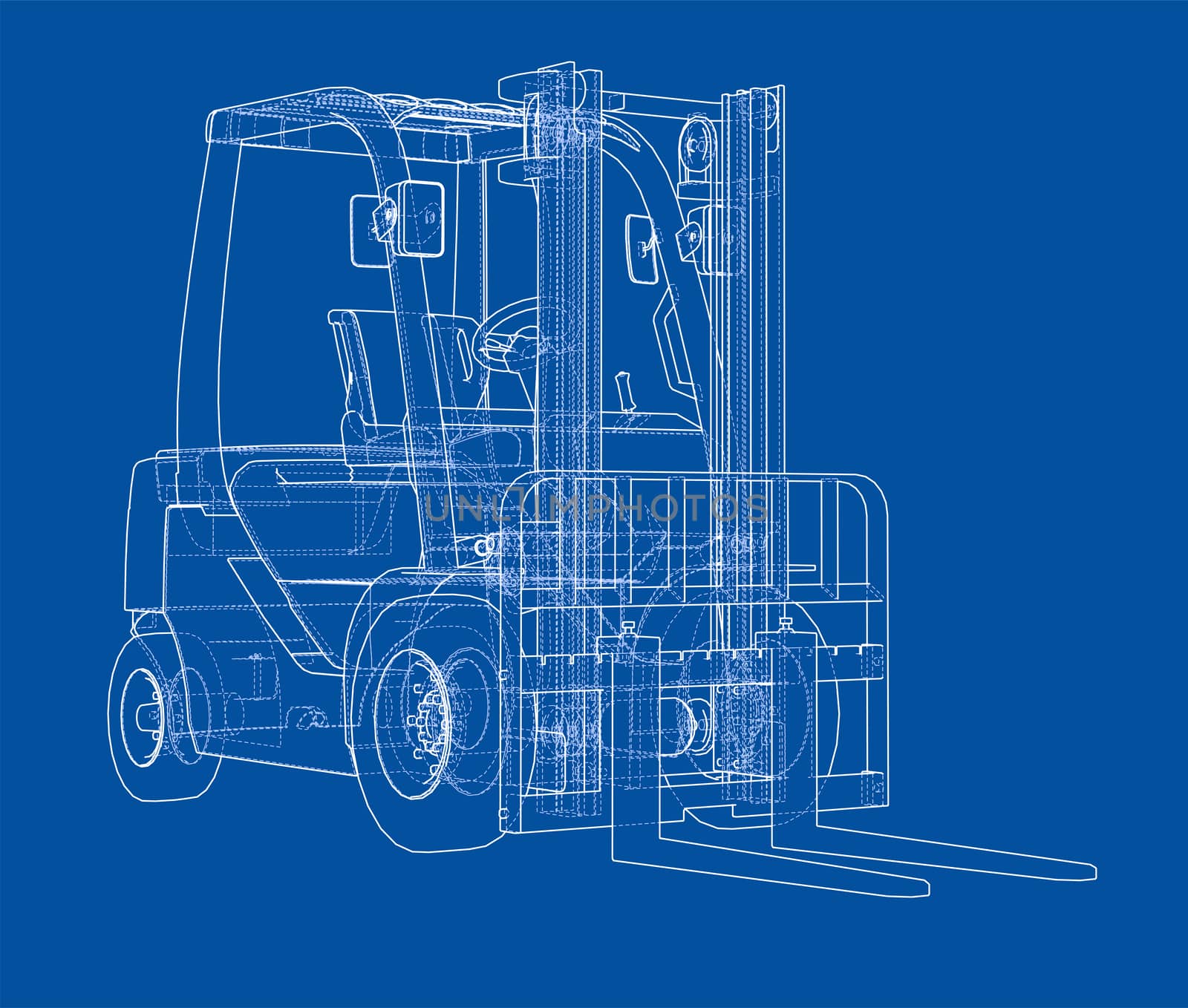 Forklift concept. 3d illustration. Wire-frame style. Blue background