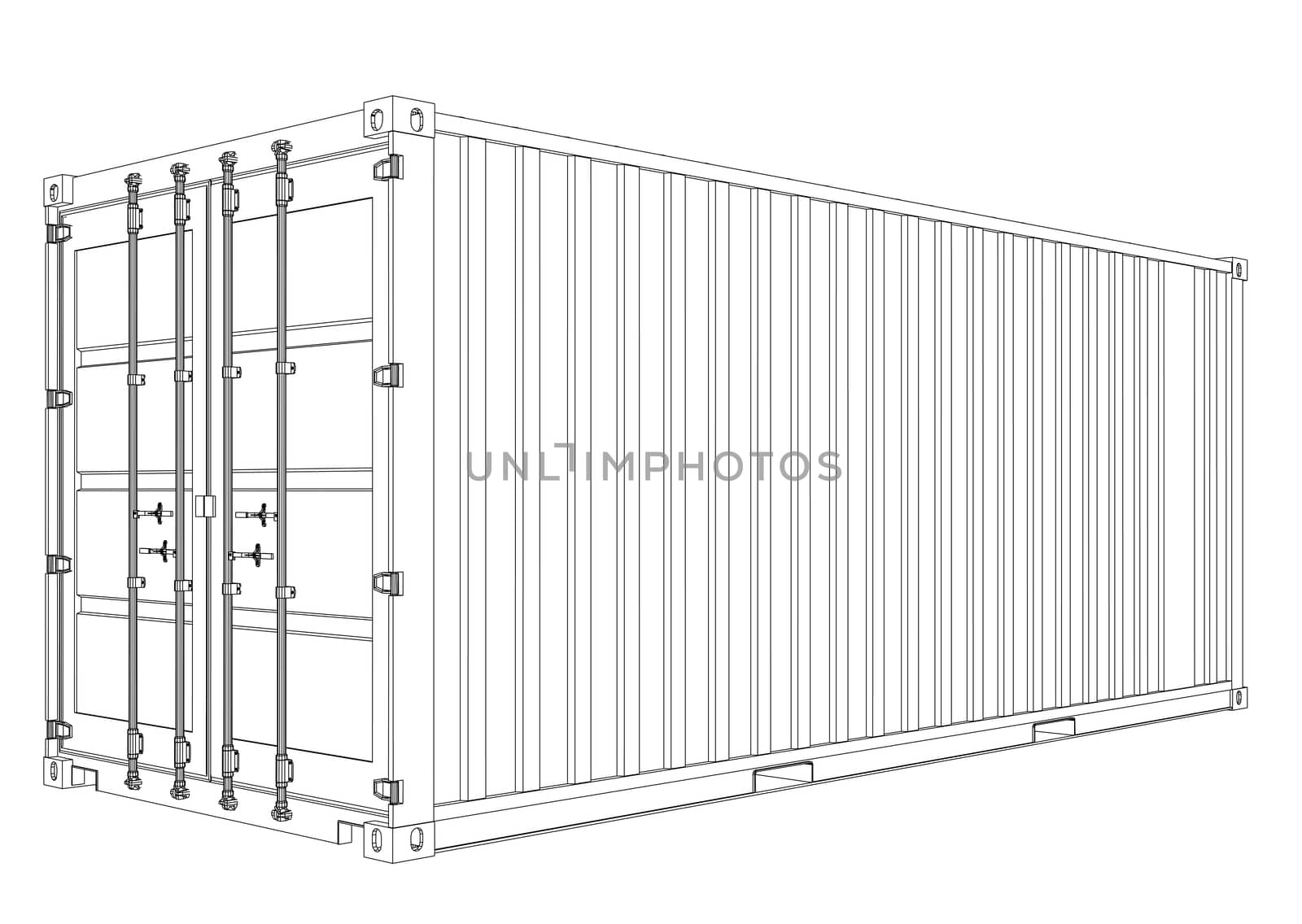 Cargo container on white background. Wire-frame style. 3d illustration