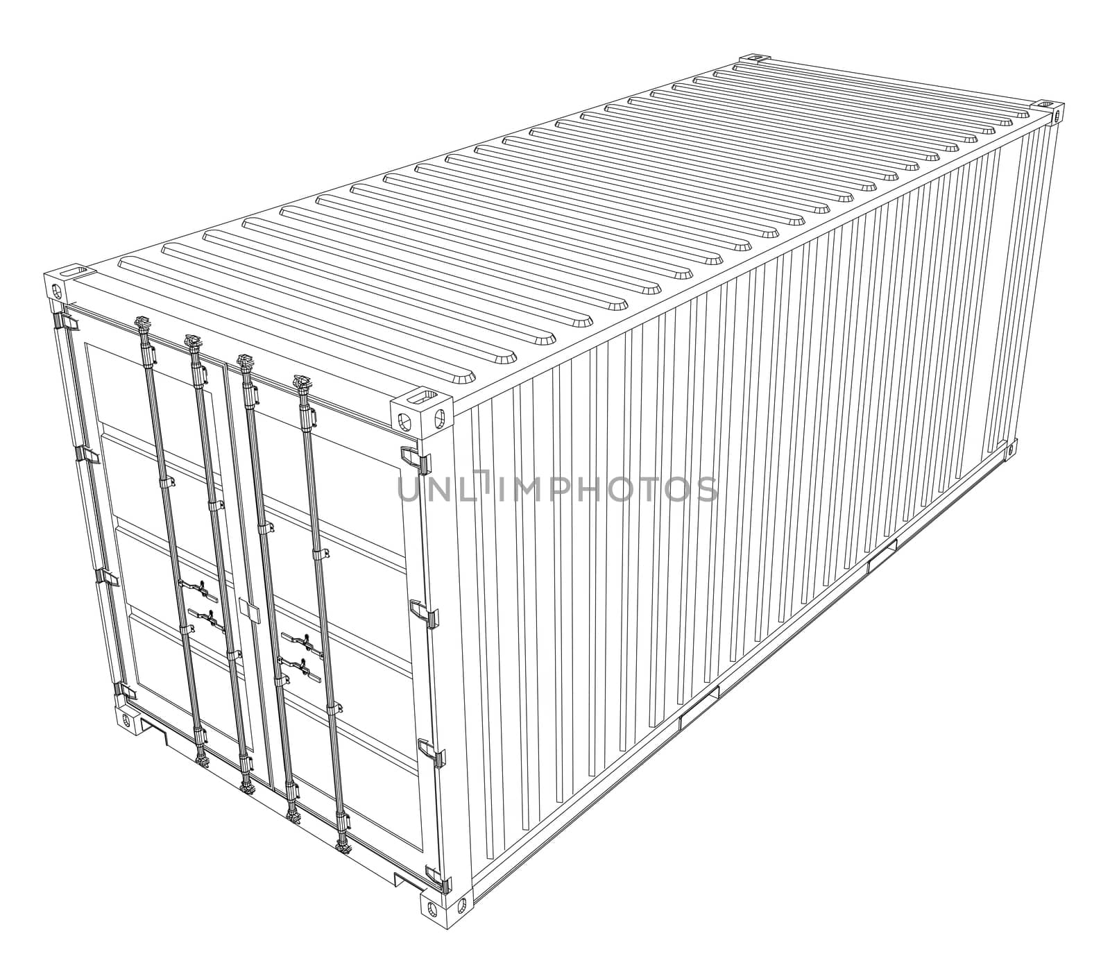 Cargo container on white background. Wire-frame style. 3d illustration