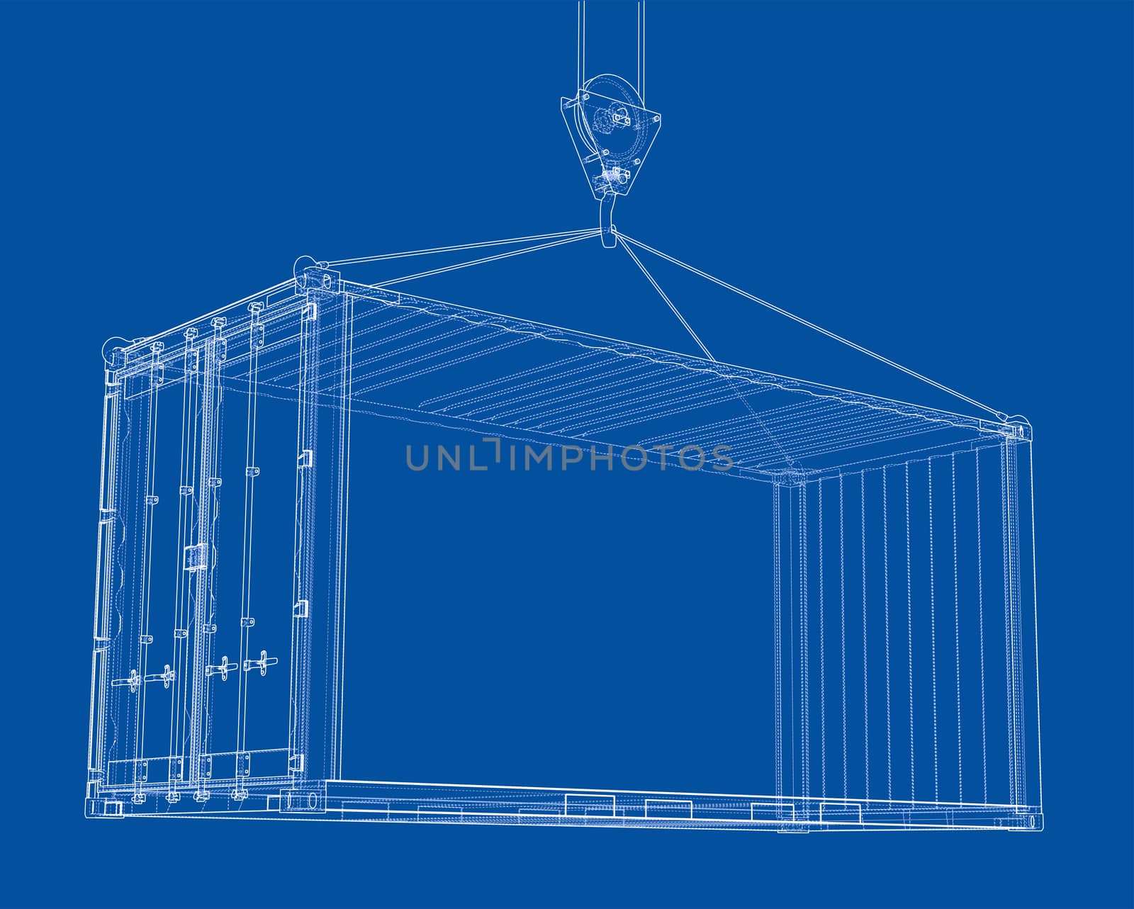 Cargo container on blue background. Wire-frame style. 3d illustration