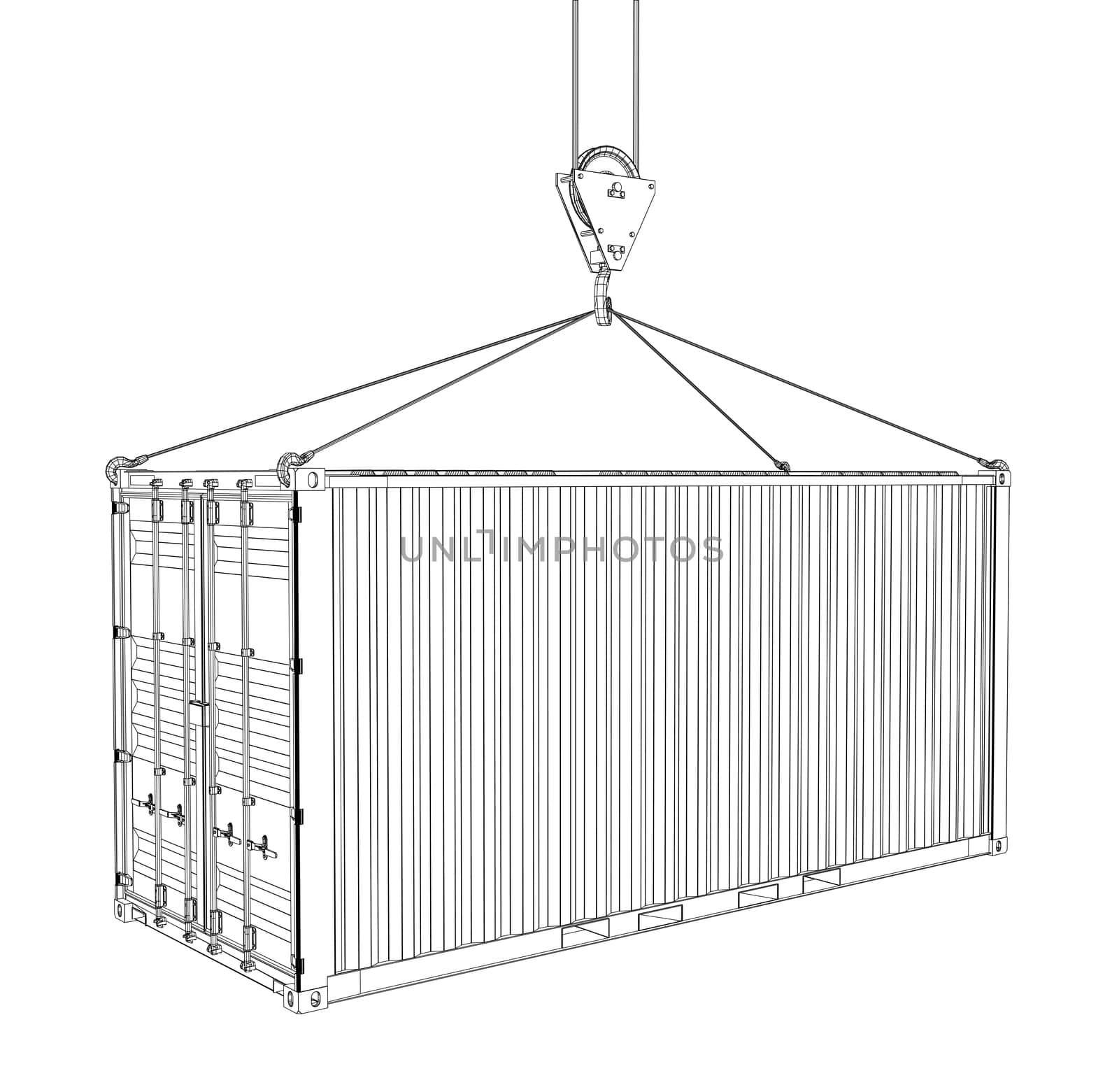 Cargo container on white background. Wire-frame style. 3d illustration