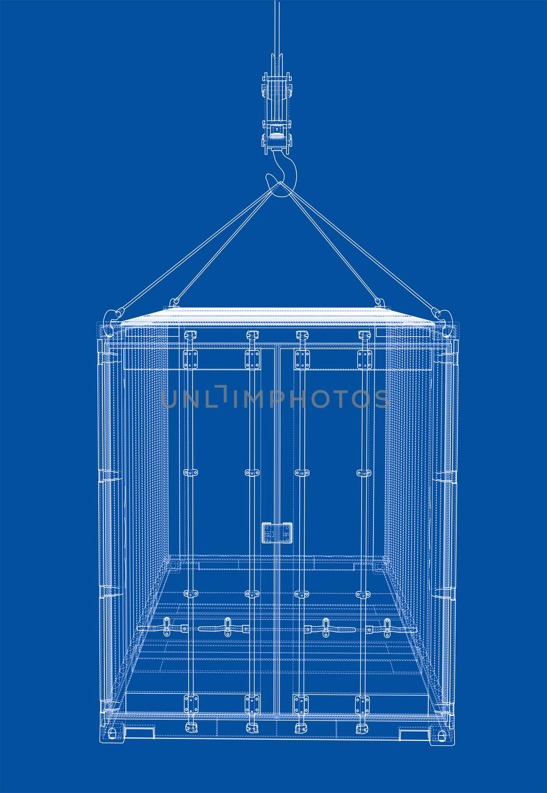 Cargo container on blue background. Wire-frame style. 3d illustration