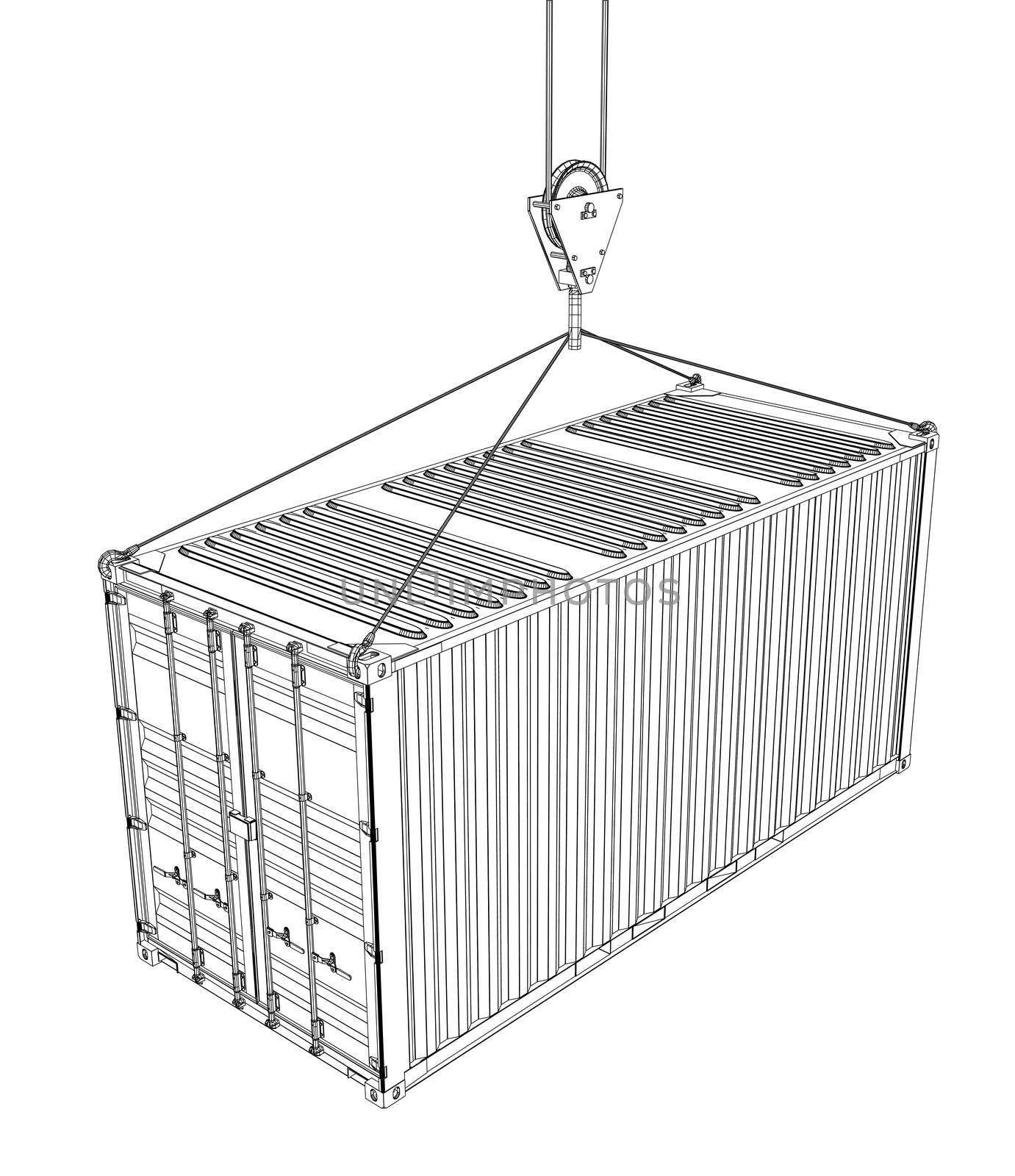 Cargo container on white background. Wire-frame style. 3d illustration