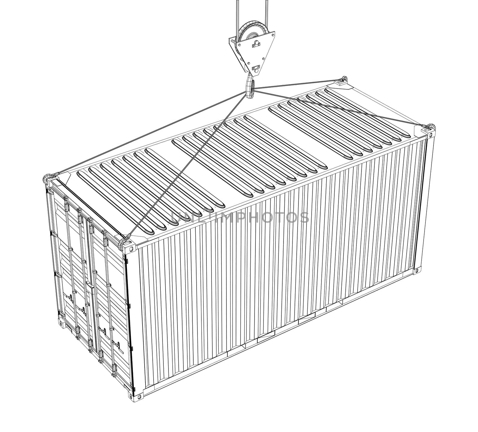 Cargo container on white background. Wire-frame style. 3d illustration