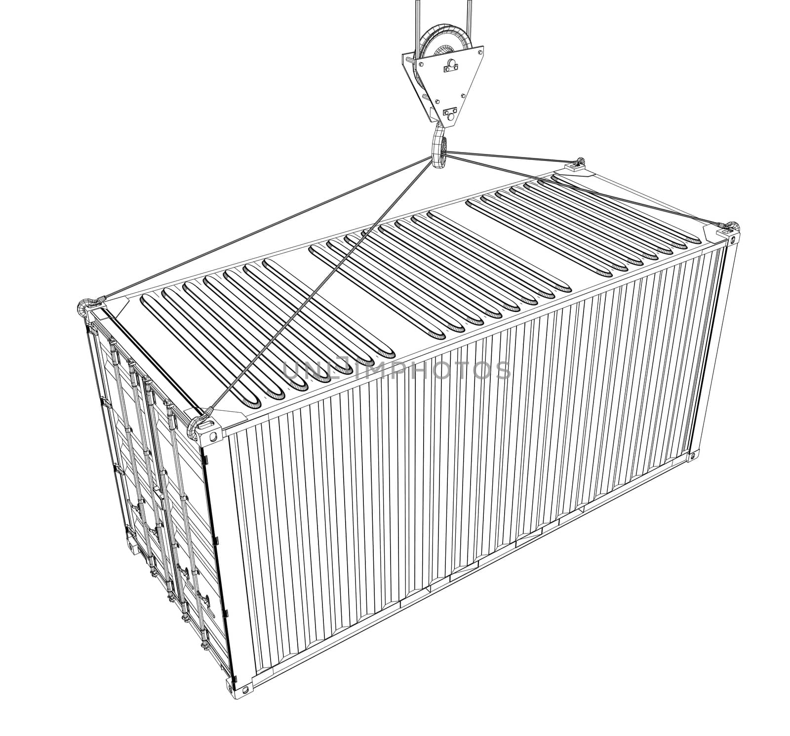 Cargo container on white background. Wire-frame style. 3d illustration