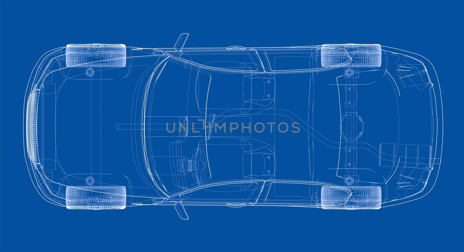 Concept car sketch. 3d illustration. Wire-frame style