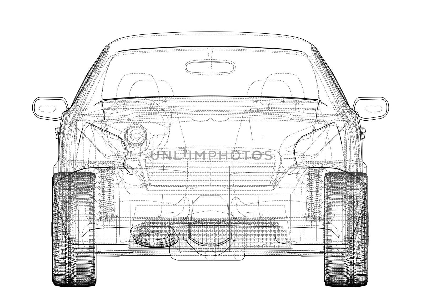 Concept car sketch. 3d illustration. Wire-frame style