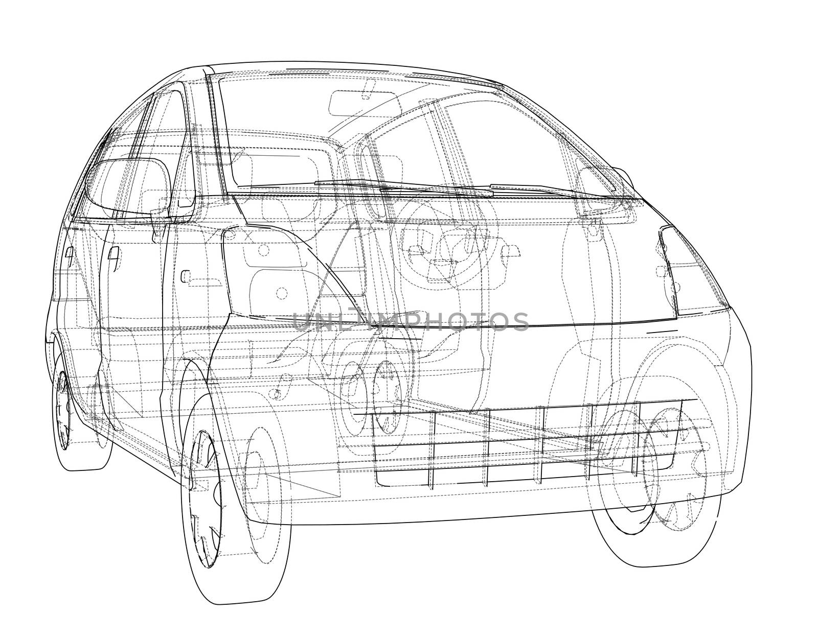 Small Car Sketch. 3d illustration. Wire-frame style