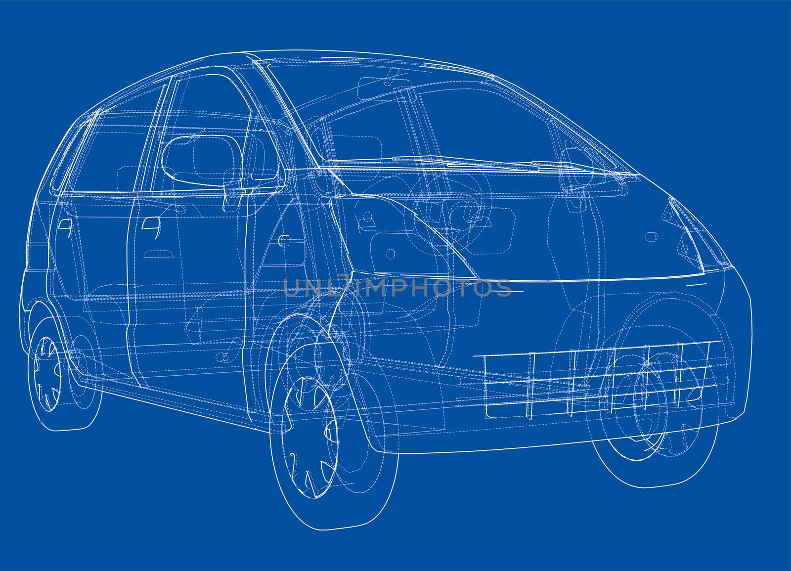 Small Car Sketch. 3d illustration. Wire-frame style