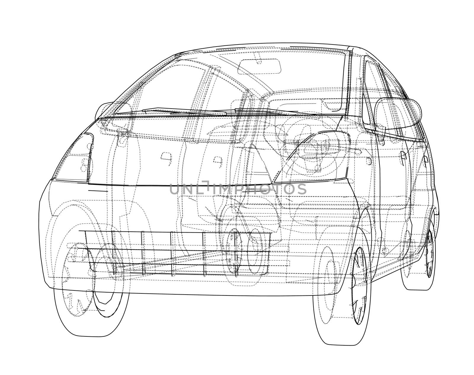 Small Car Sketch. 3d illustration. Wire-frame style