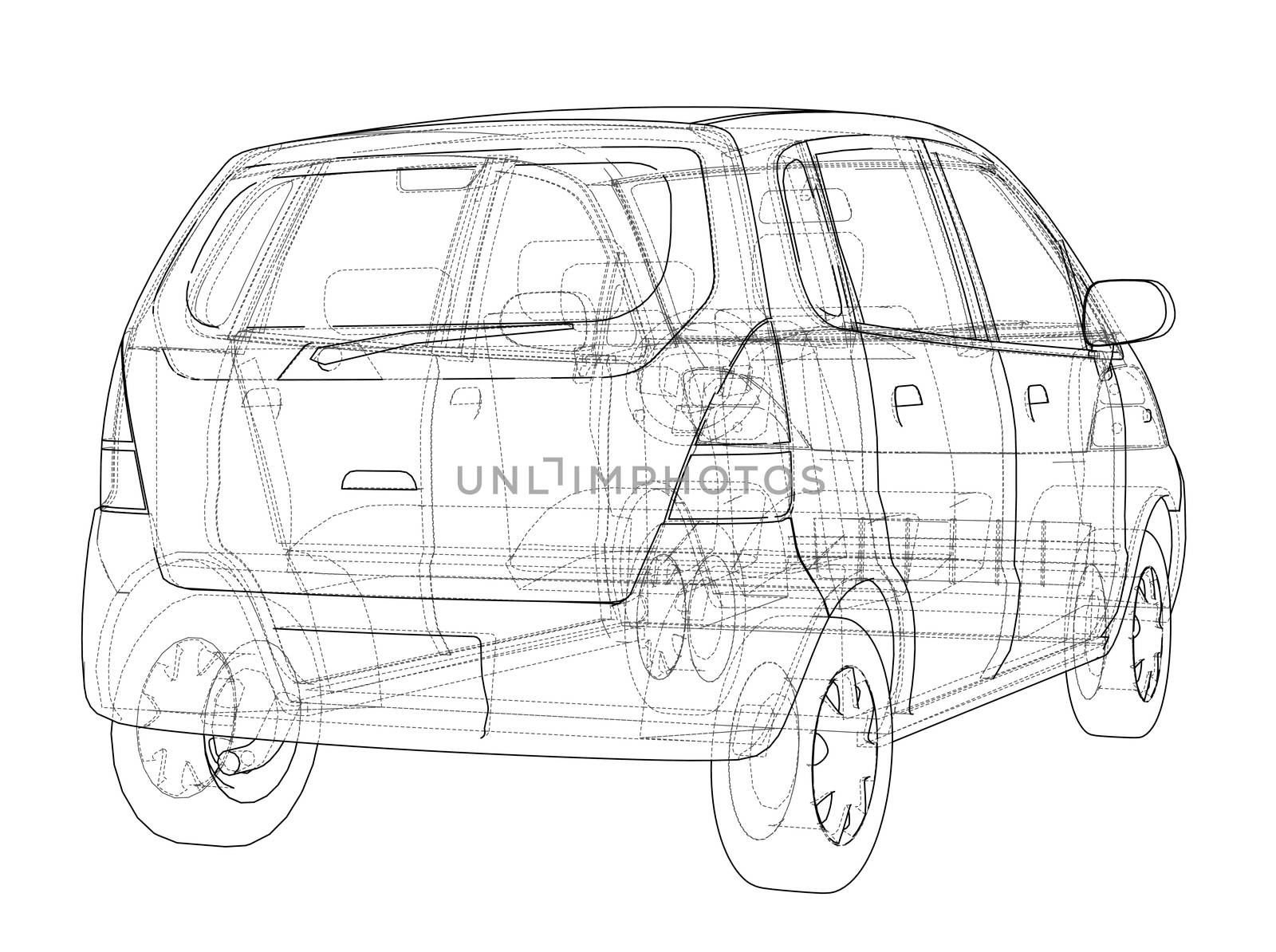 Small Car Sketch. 3d illustration. Wire-frame style