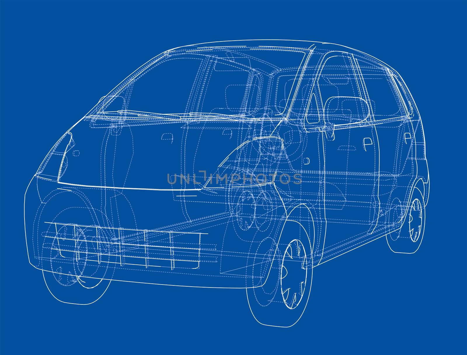 Small Car Sketch. 3d illustration. Wire-frame style