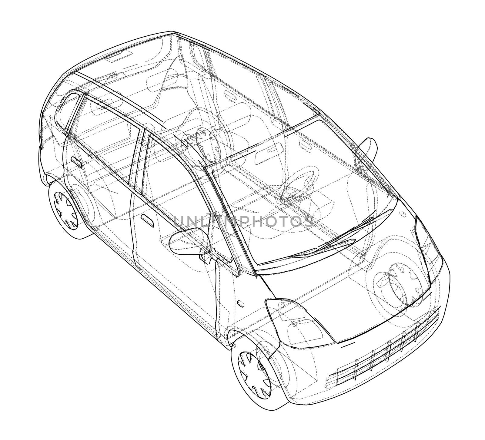 Small Car Sketch. 3d illustration. Wire-frame style