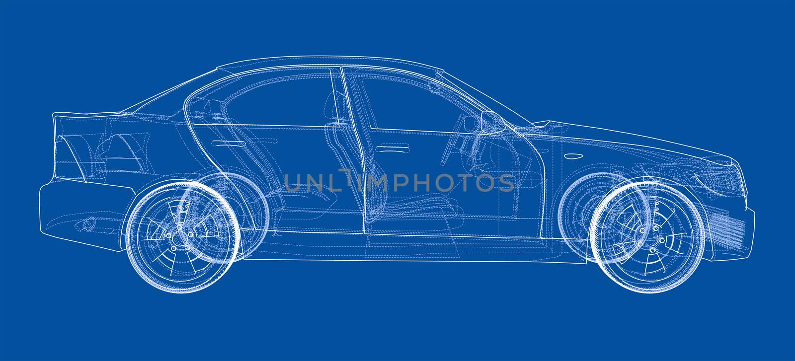 Concept car outline. 3d illustration. Wire-frame style