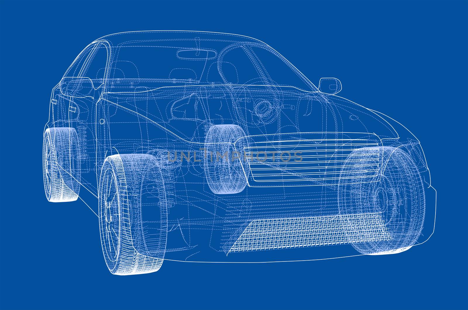 Concept car outline. 3d illustration. Wire-frame style