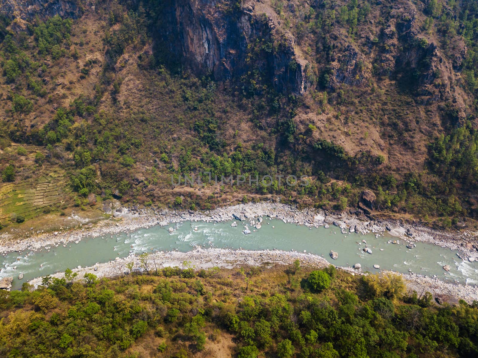 Aerial view of the Kali Gandaki river and its deep gorge near Kusma in Nepal