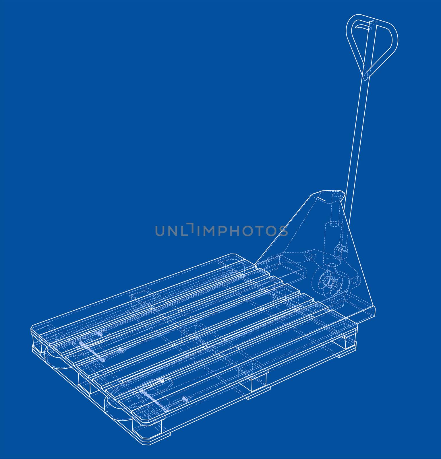 Hand pallet truck with pallet. 3d illustration. Wire-frame style