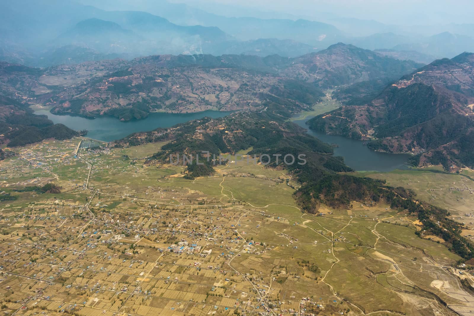 Aerial view of Begnas and Rupa lakes near Pokhara in Nepal