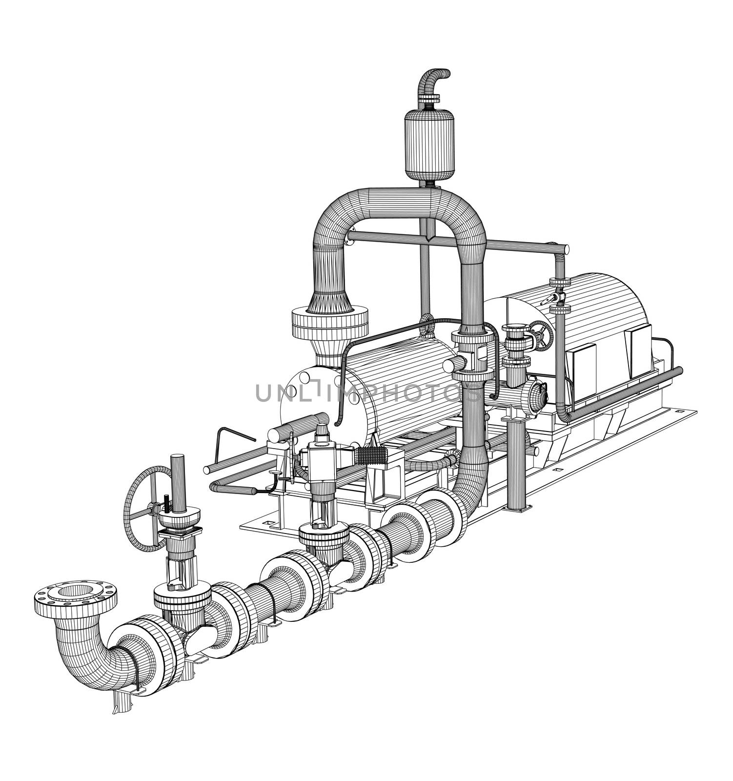 Wire-frame industrial pump. 3D Rendering. Isoalted on white background