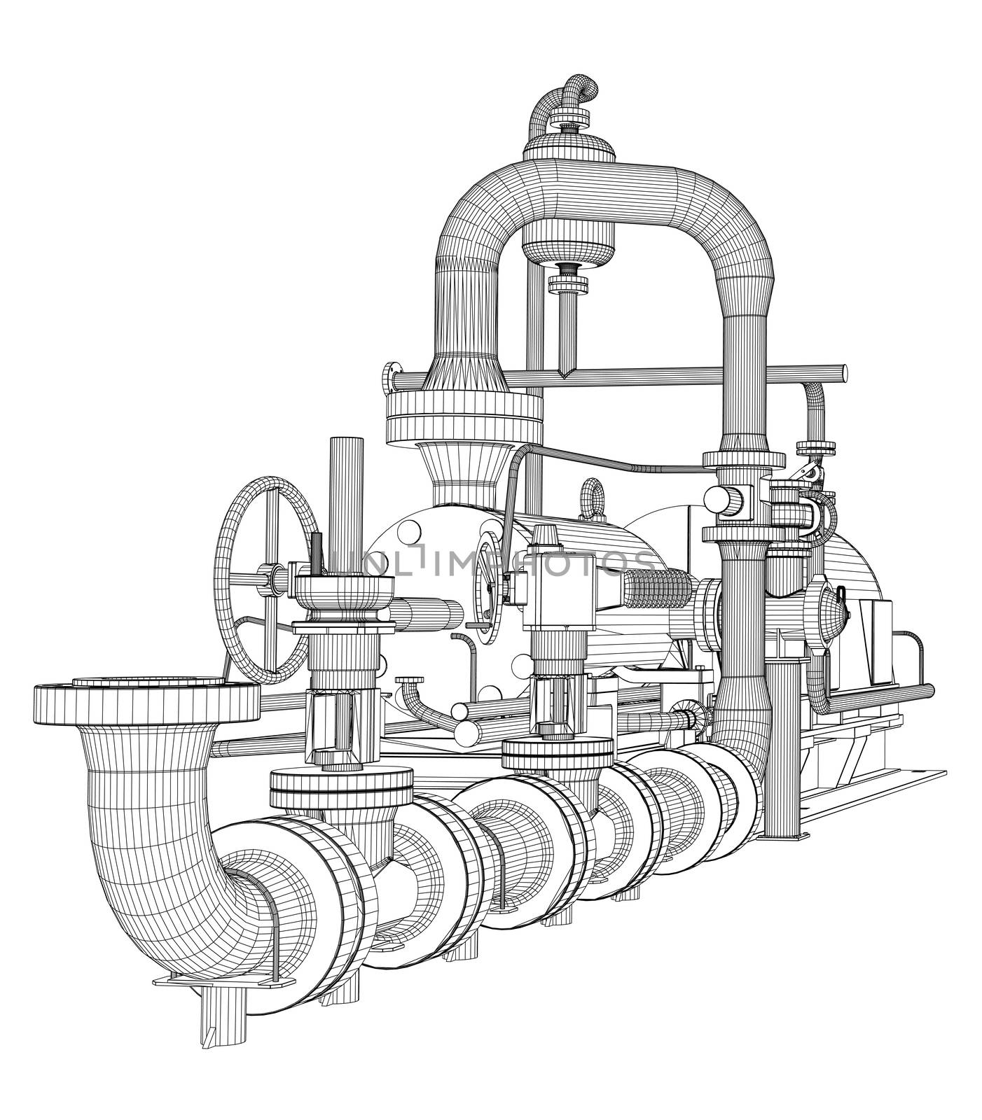 Wire-frame industrial pump. 3D Rendering. Isoalted on white background