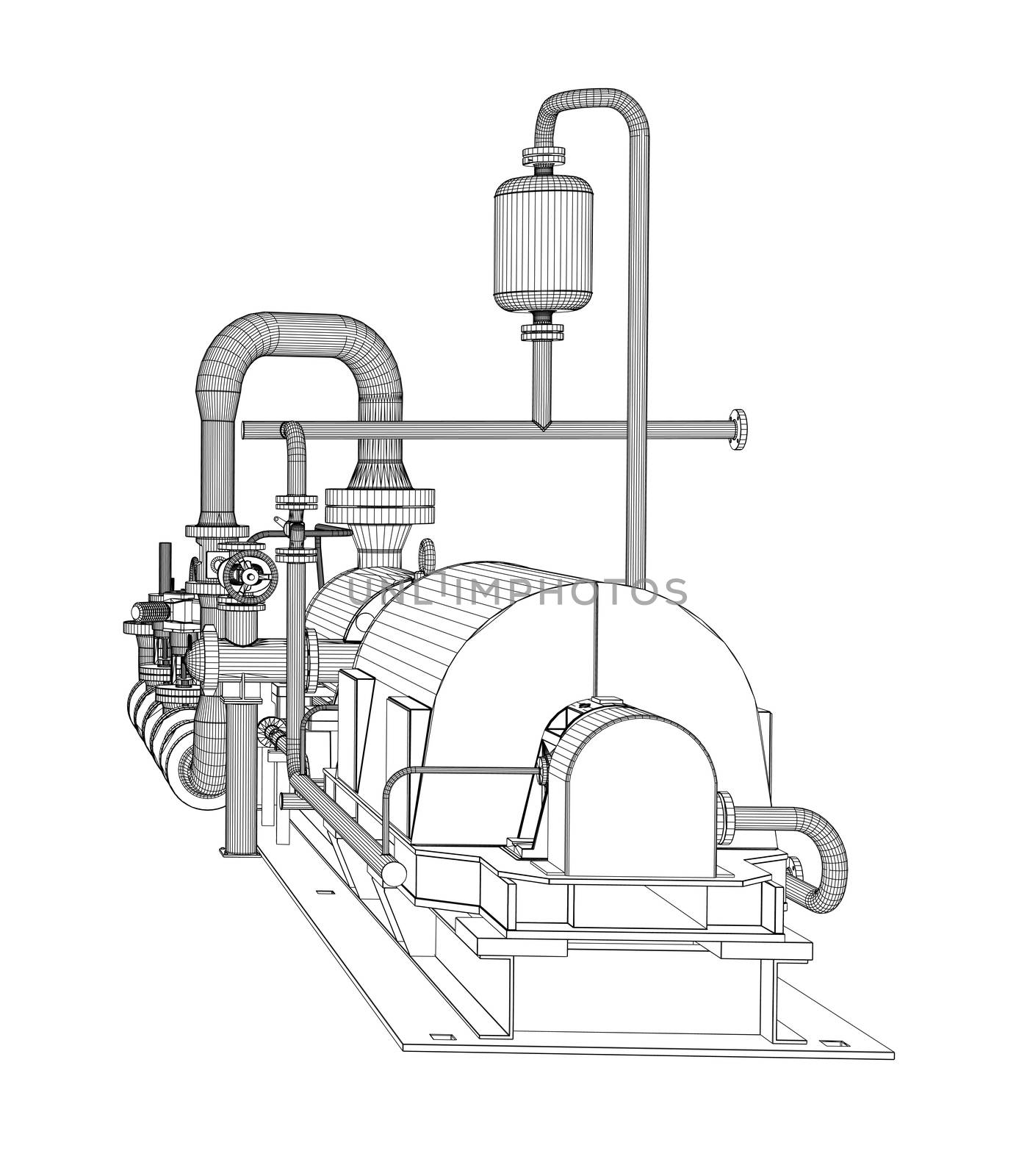 Wire-frame industrial pump. 3D Rendering. Isoalted on white background