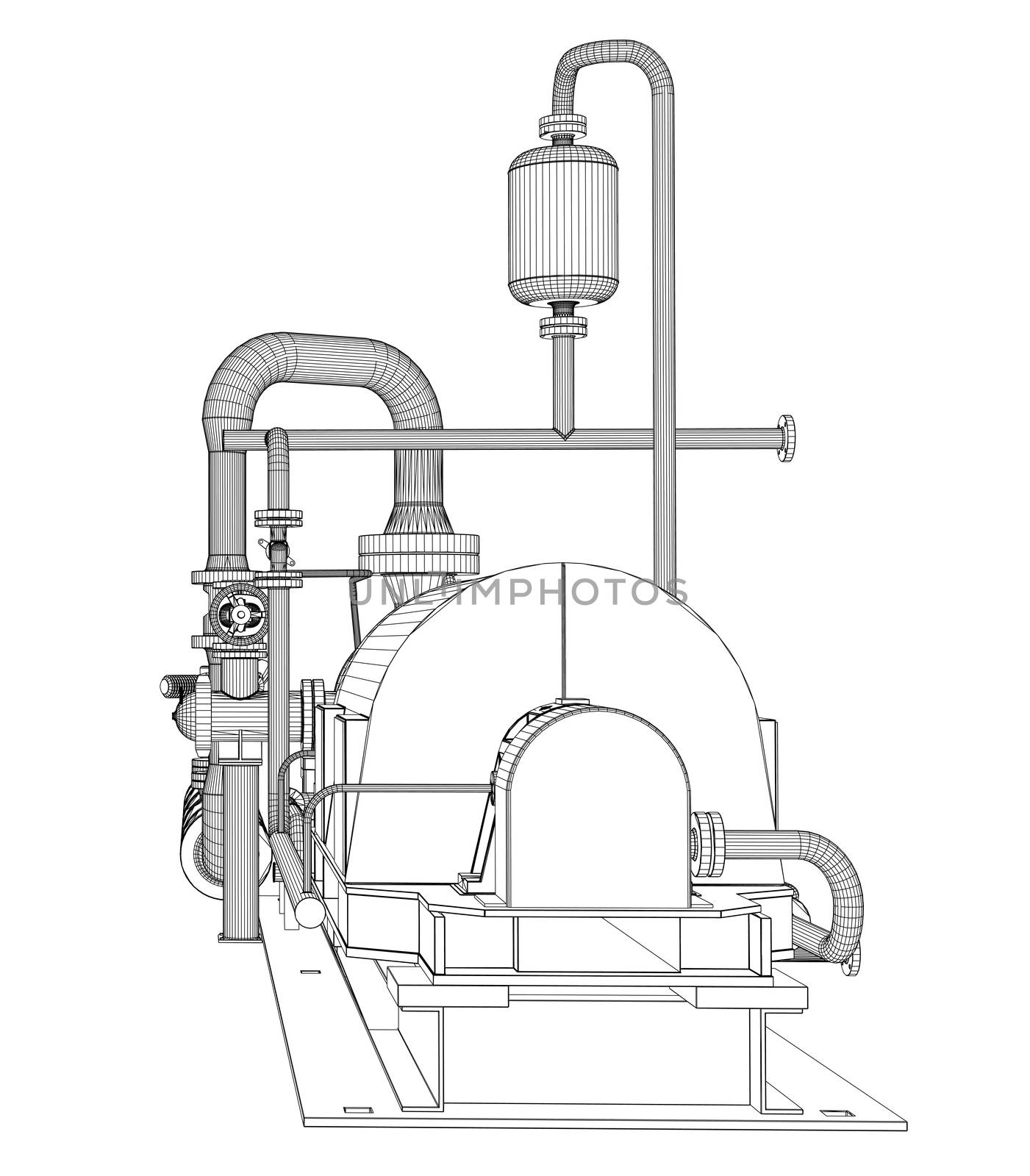 Wire-frame industrial pump. 3D Rendering. Isoalted on white background