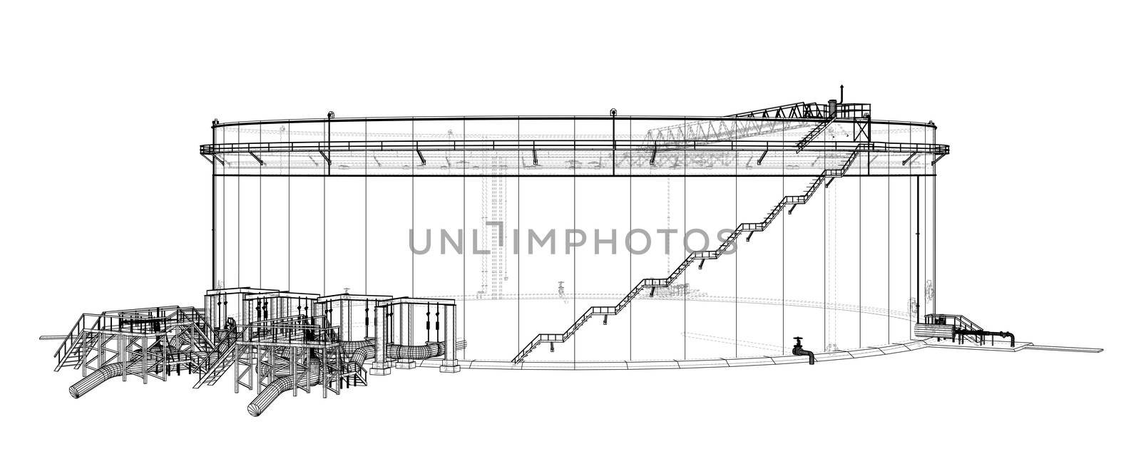 Oil storage tank. 3d illustration. Wire-frame style