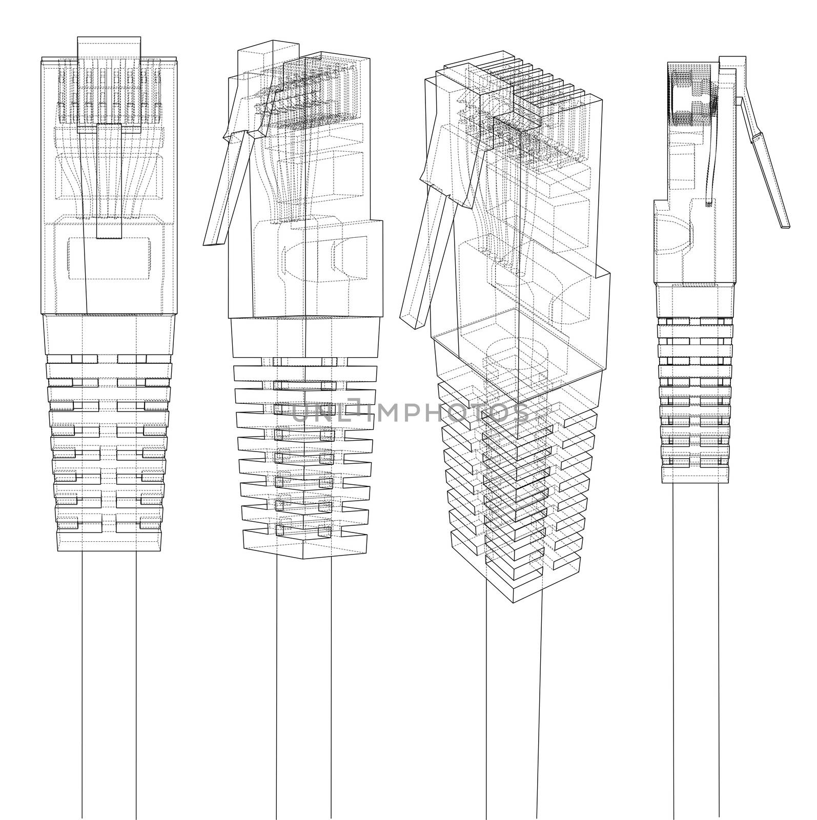 Ethernet connector RJ45. Internet cable in sketch style. 3d illustration