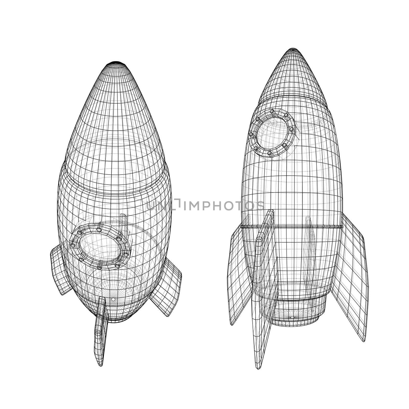 Design of a space rocket. The concept of a startup. 3d illustration