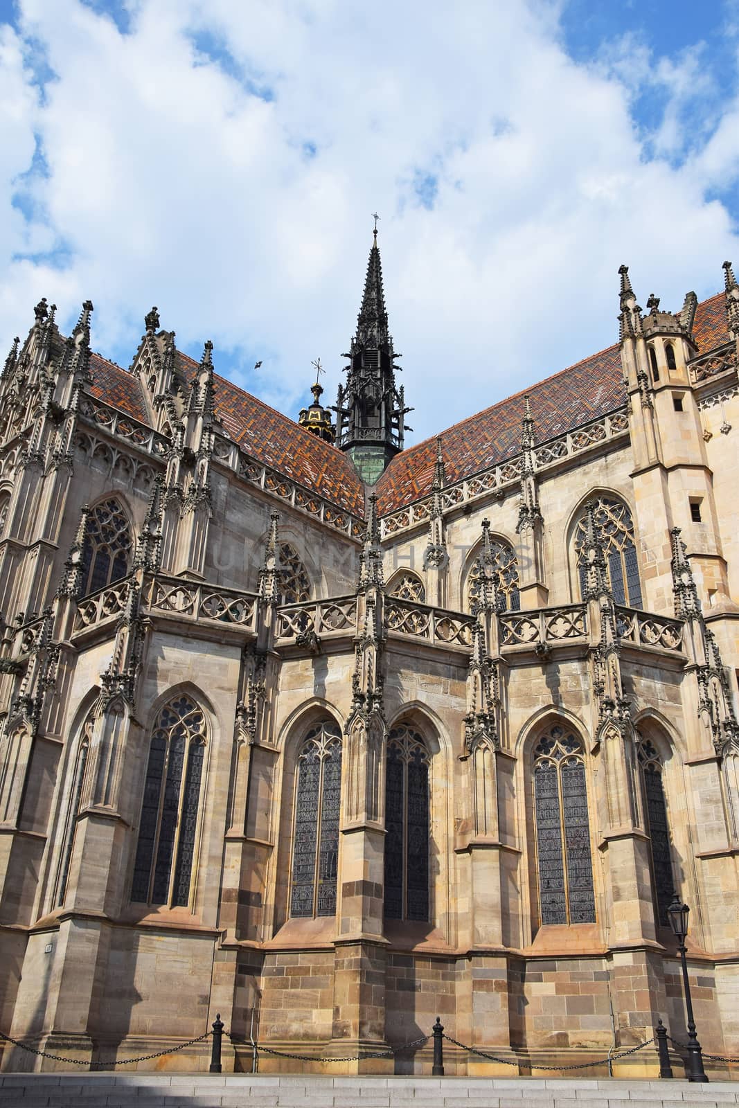 Low angle side view of gothic medieval Cathedral of Saint Elisabeth in Kosice, Slovakia