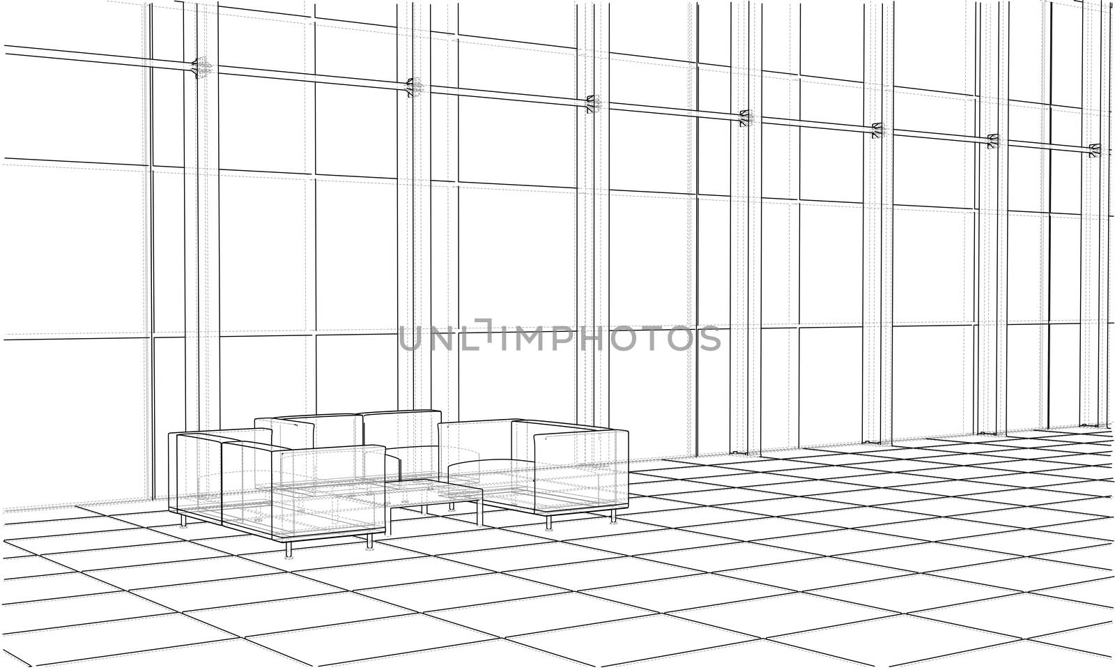 Interior sketch drawing perspective of space office. 3d illustration. Wire-frame style