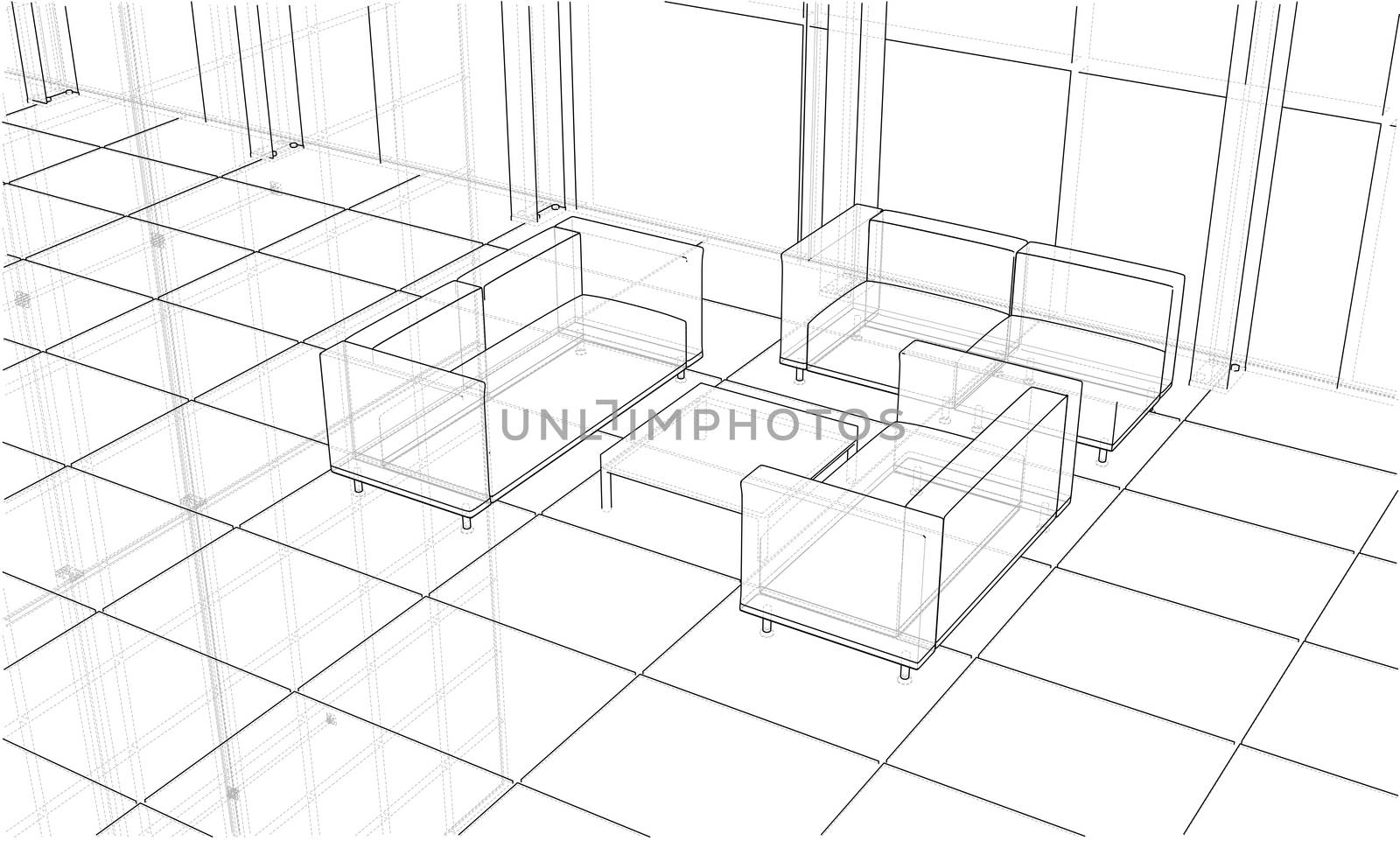 Interior sketch drawing perspective of space office. 3d illustration. Wire-frame style