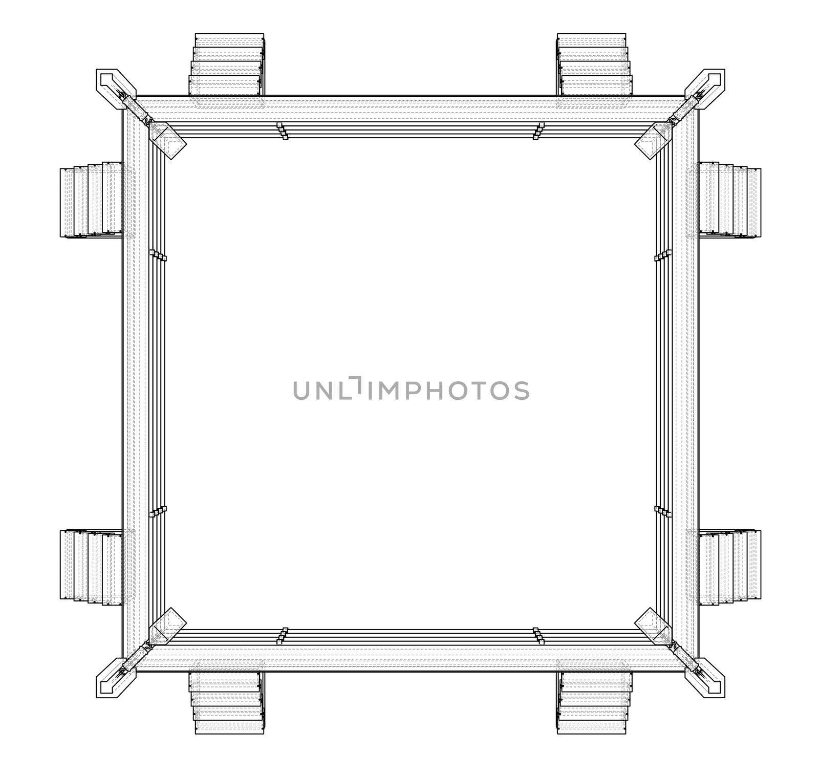 Boxing ring on white background. 3d illustration. Wire-frame style