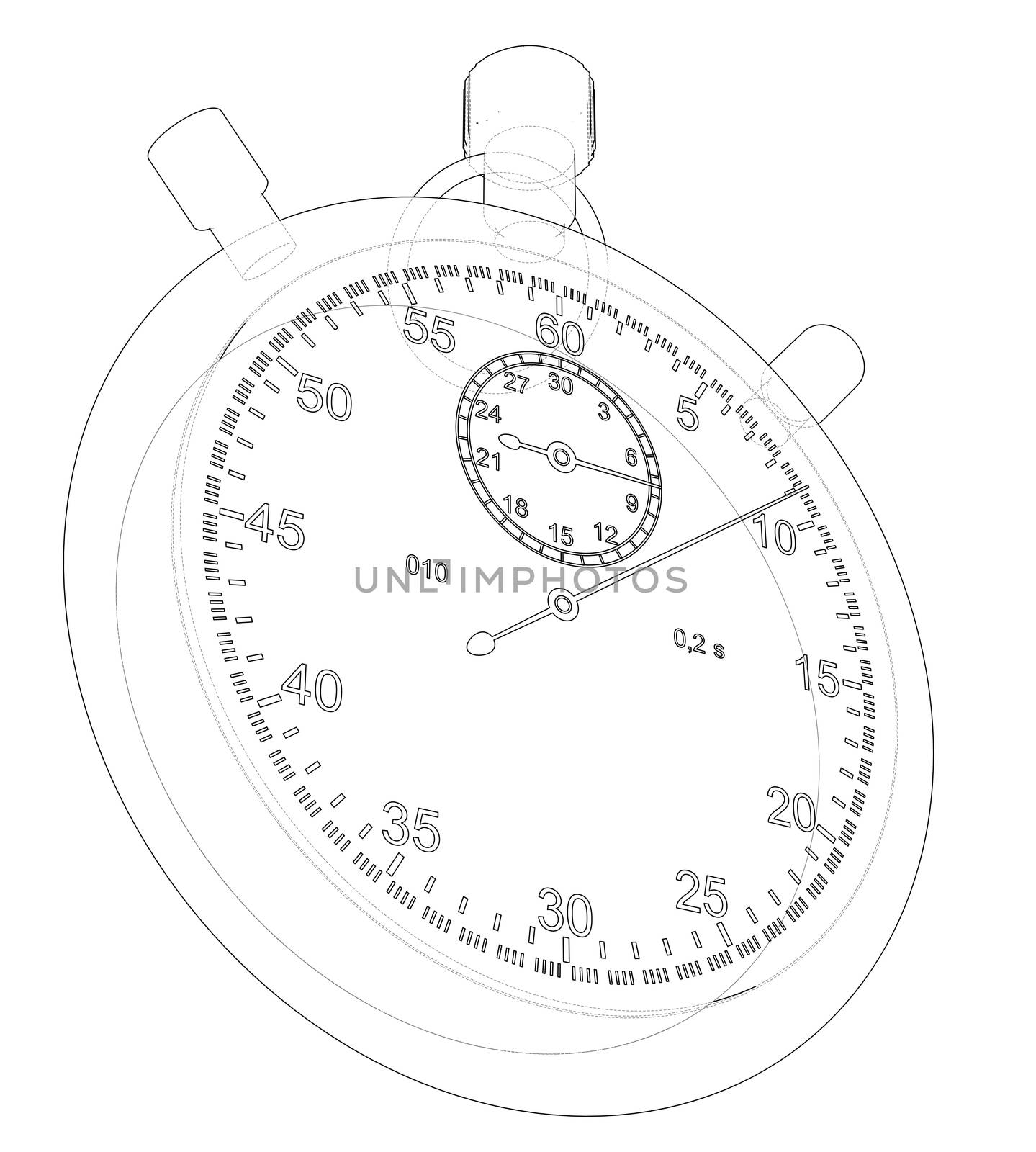 Stopwatch or timer sketch. 3d illustration. Wire-frame style