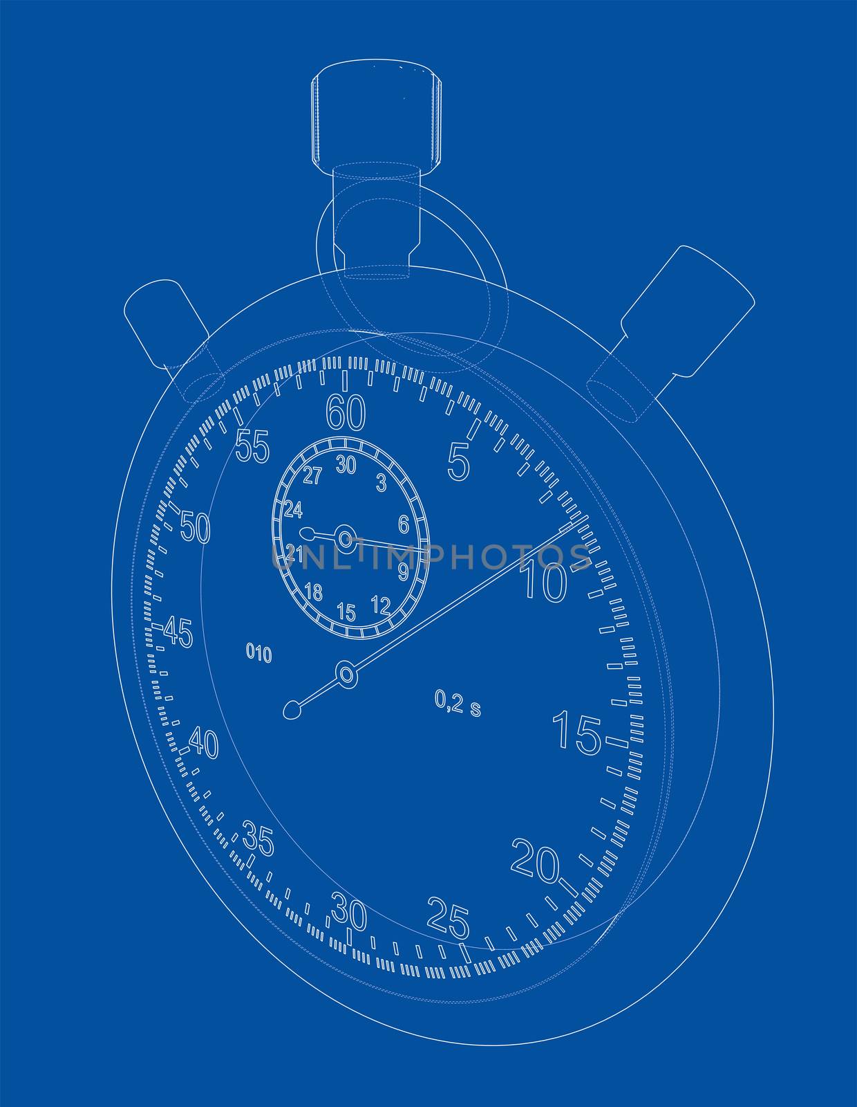 Stopwatch or timer sketch. 3d illustration. Wire-frame style